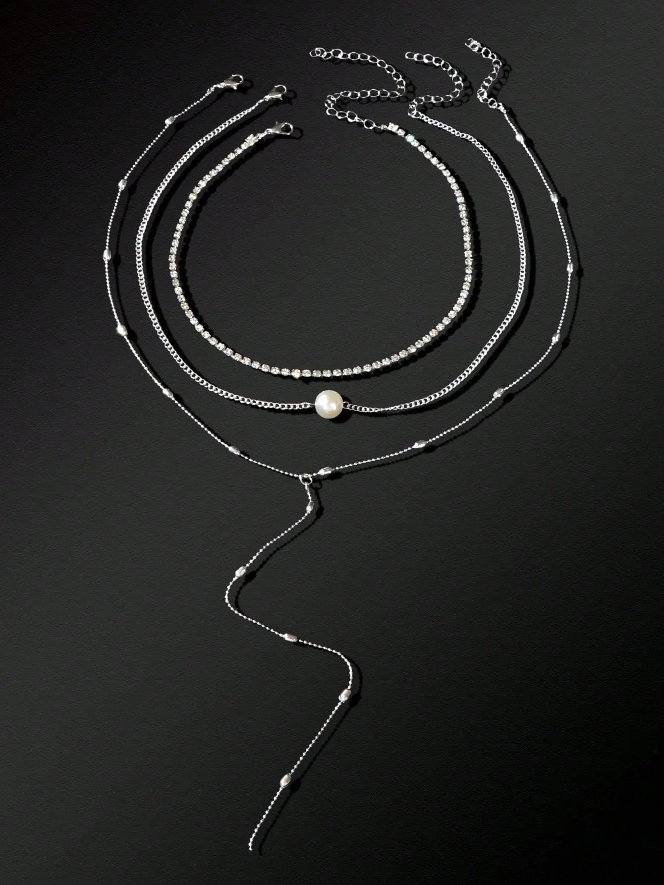 Silver Triple-Layer Chain Long Tassel Necklace Elegant Statement Piece Feelontop Jewellery