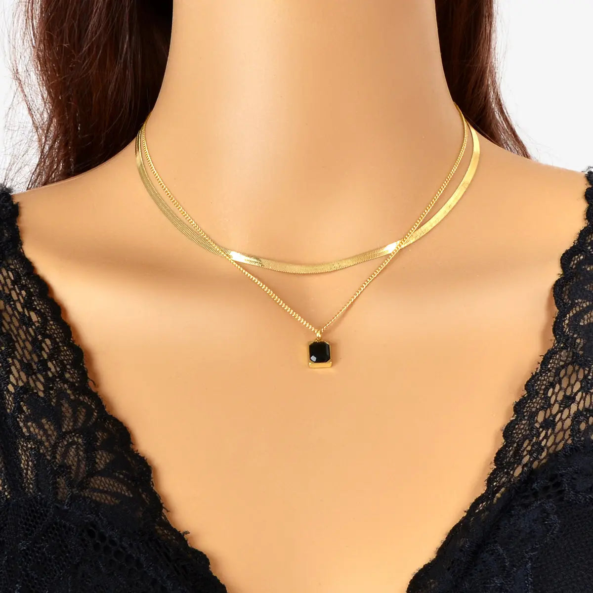 Double layer Gold Multiple Link Snake Chain Black Square Pendant Trendy Necklace Feelontop Jewellery