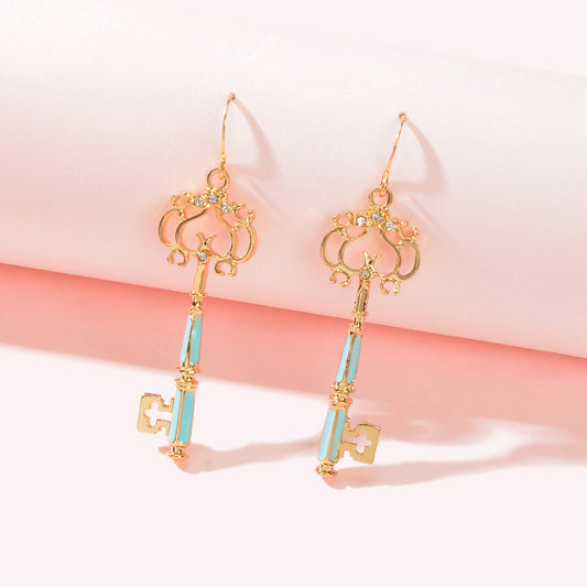 Personality Gold Colour Blue Enamel Dangling Drop Magic Key Earrings Party Gift Feelontop Jewellery
