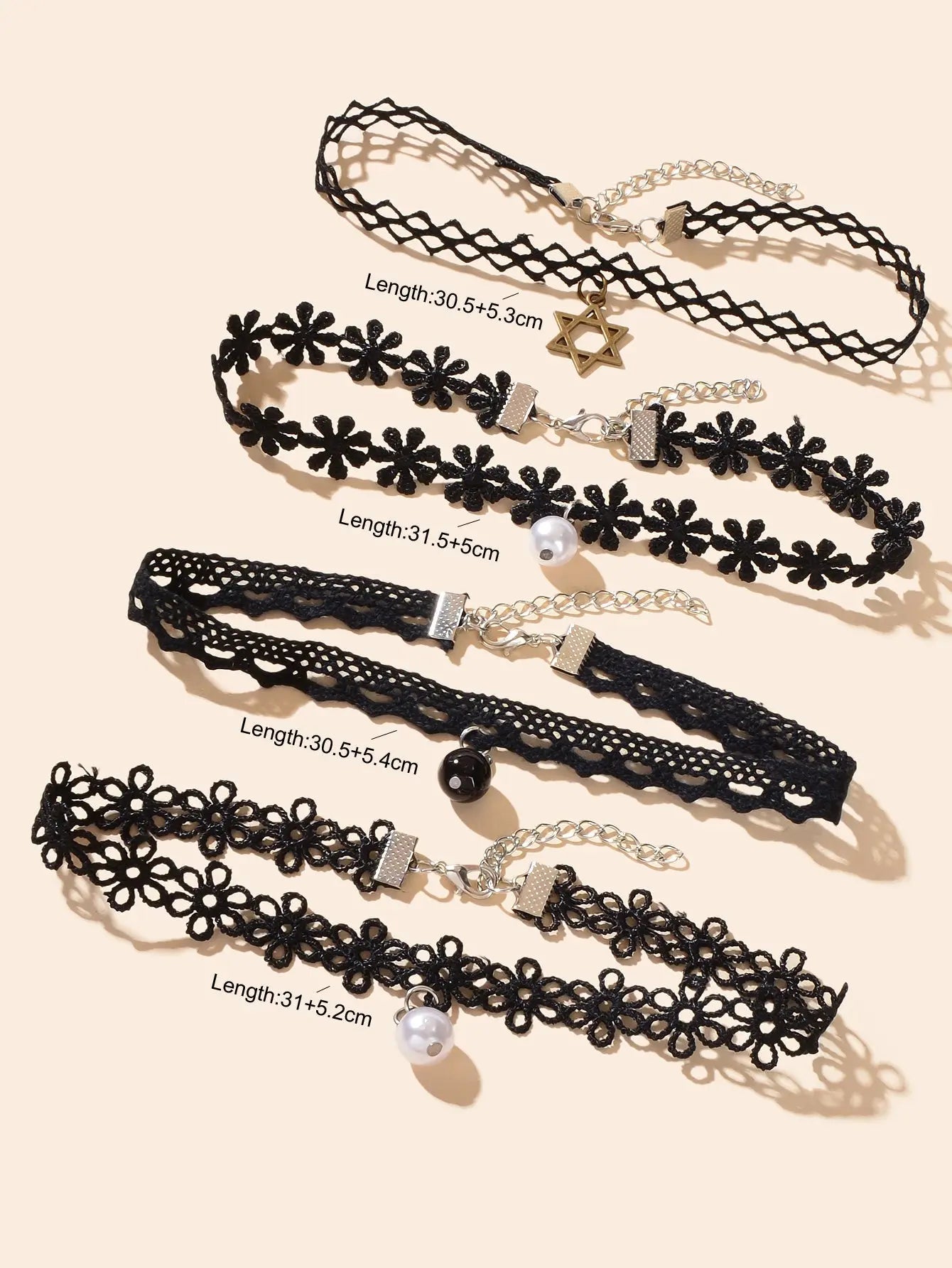 4 pcs Retro Star Beaded Charm Flower Geometric Tattoo Choker Black Lace Necklace Feelontop Jewellery