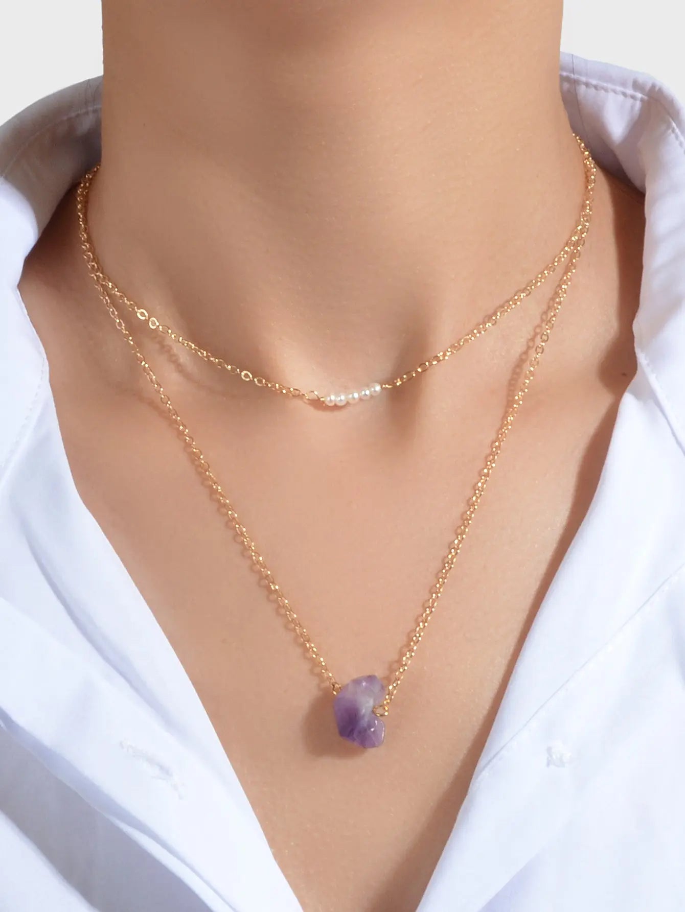 Boho Chic Jewellery Pearl Decor Double layer Chain Purple Stone Pendant Necklace Feelontop Jewellery