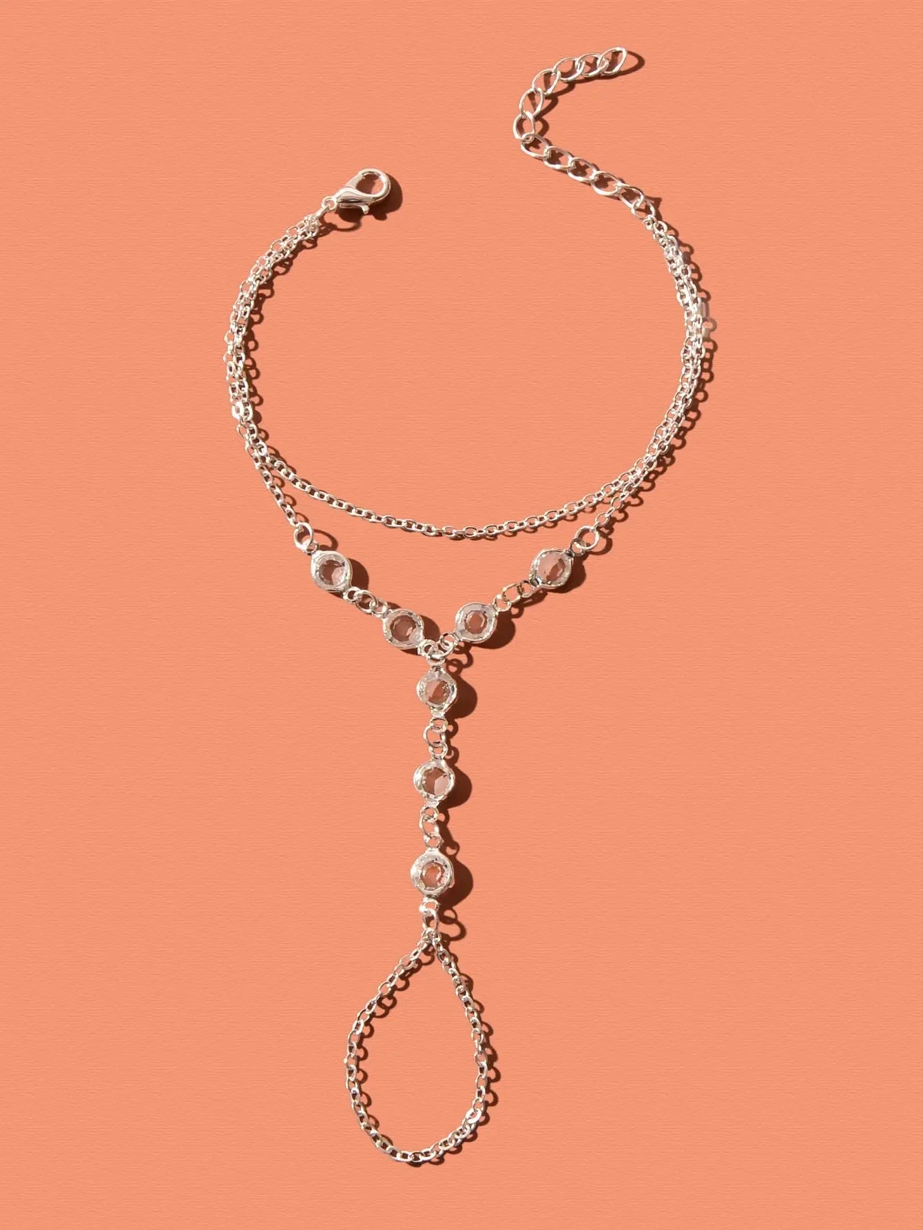 Transparent Rhinestone Double-Layer Chain Bracelet with Ring Connector Feelontop Jewellery