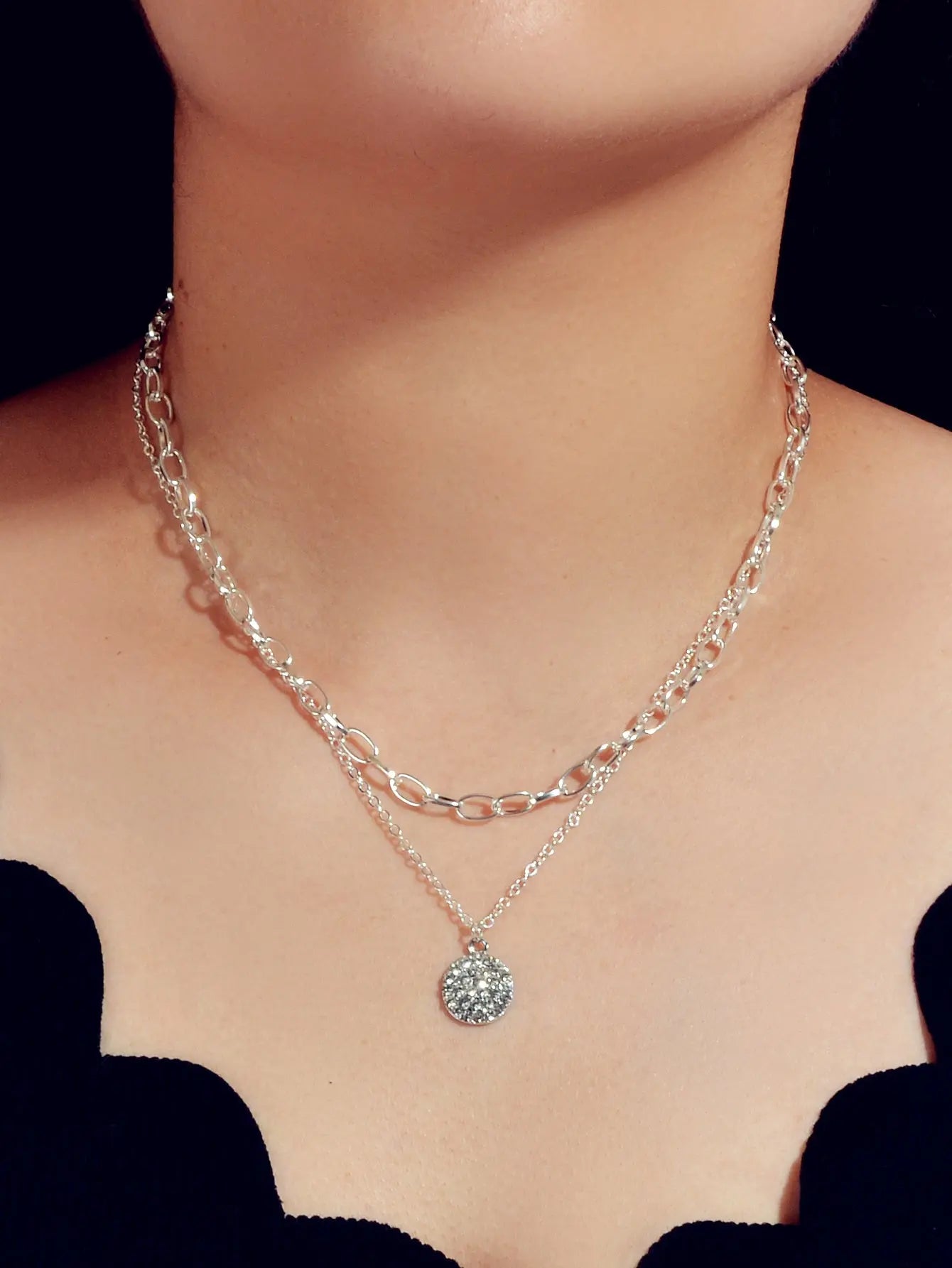 Female Jewellery Double layer Paperclip Gold Silver Chain Round Pendant Necklace Feelontop Jewellery