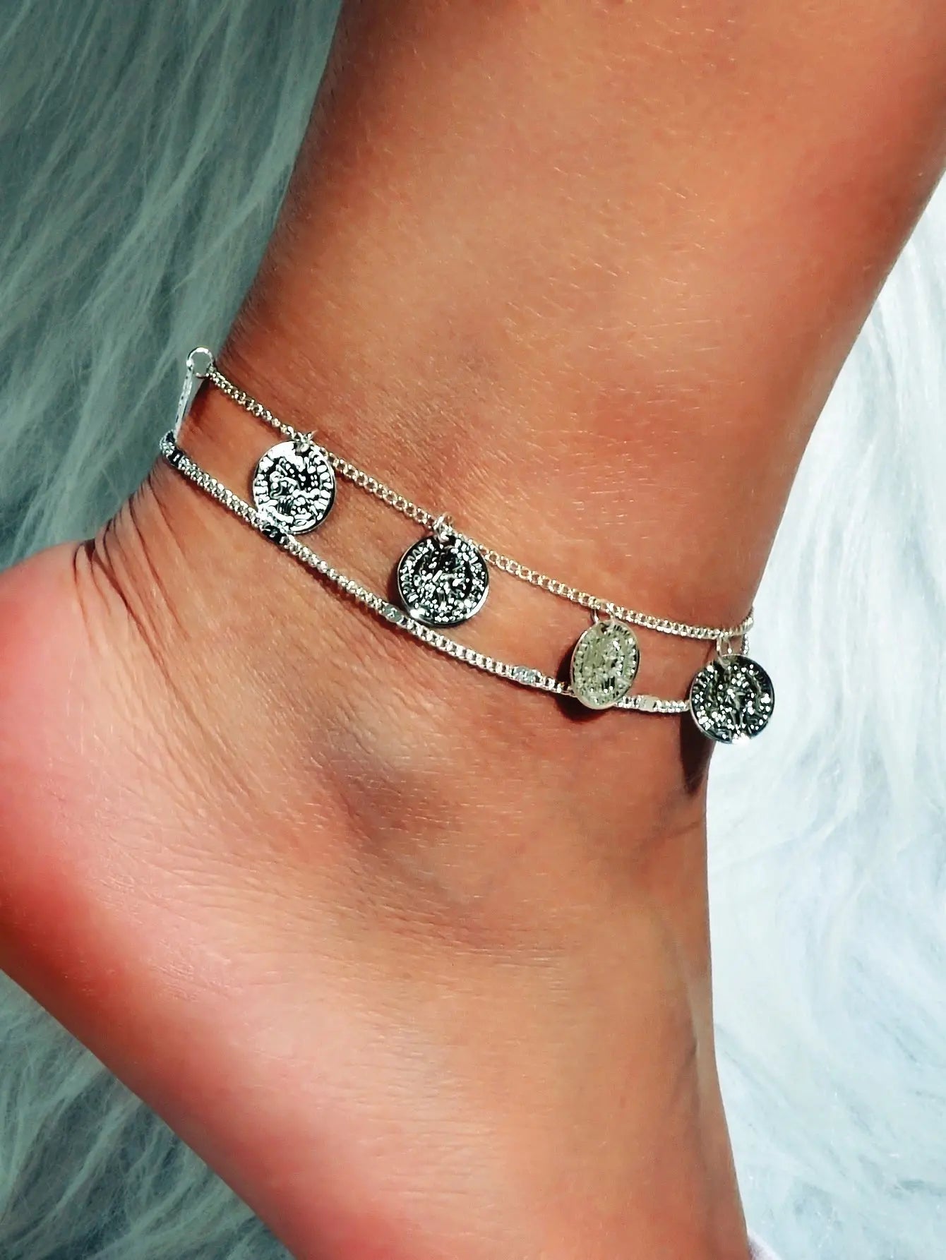 1 pc Boho Chic Double layer Silver Chain Cion Charm Anklet Foot Beach Jewellery Feelontop Jewellery