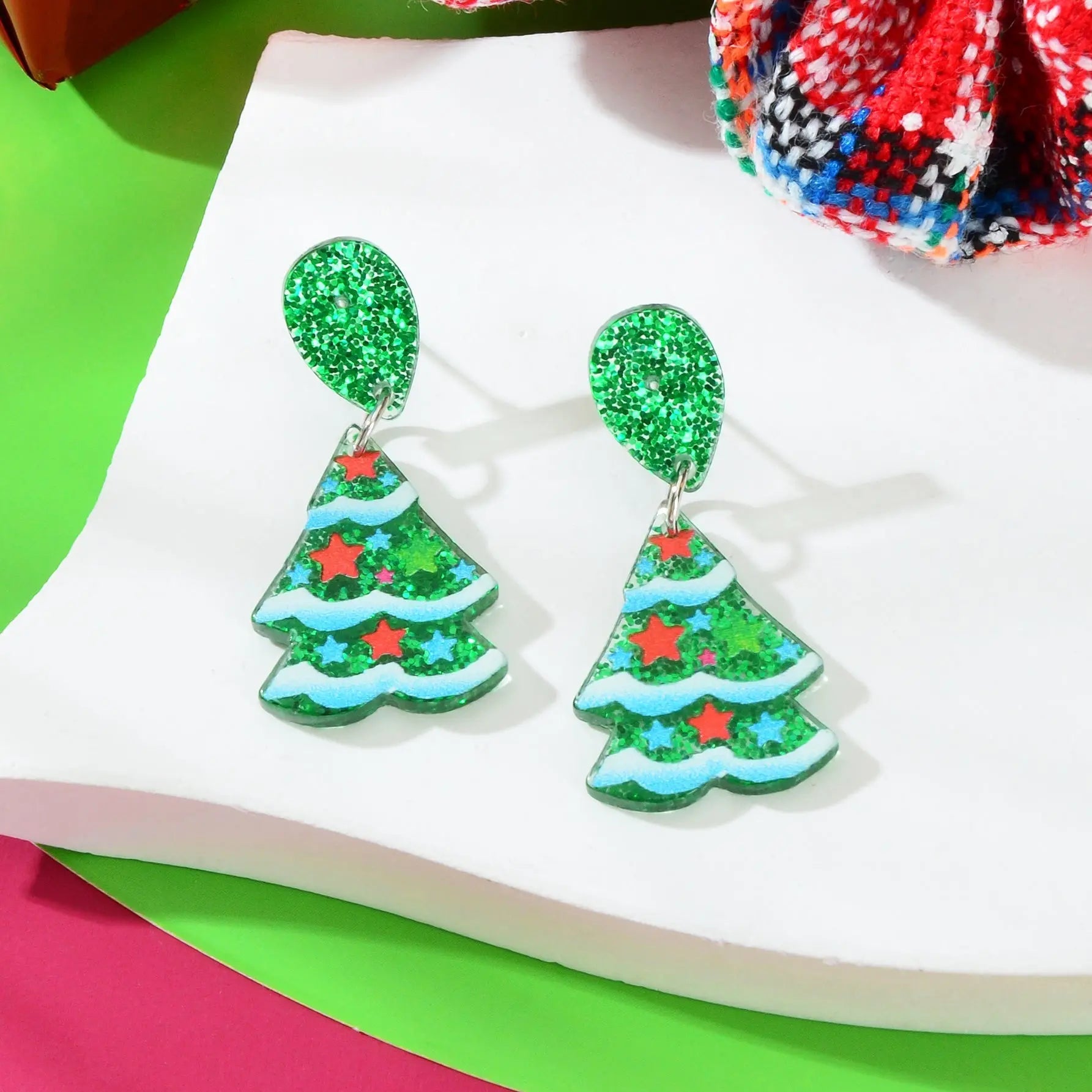 Sparkling Sequin Star Decor Christmas Tree Acrylic Dangle Earrings Jewelry Feelontop Jewellery