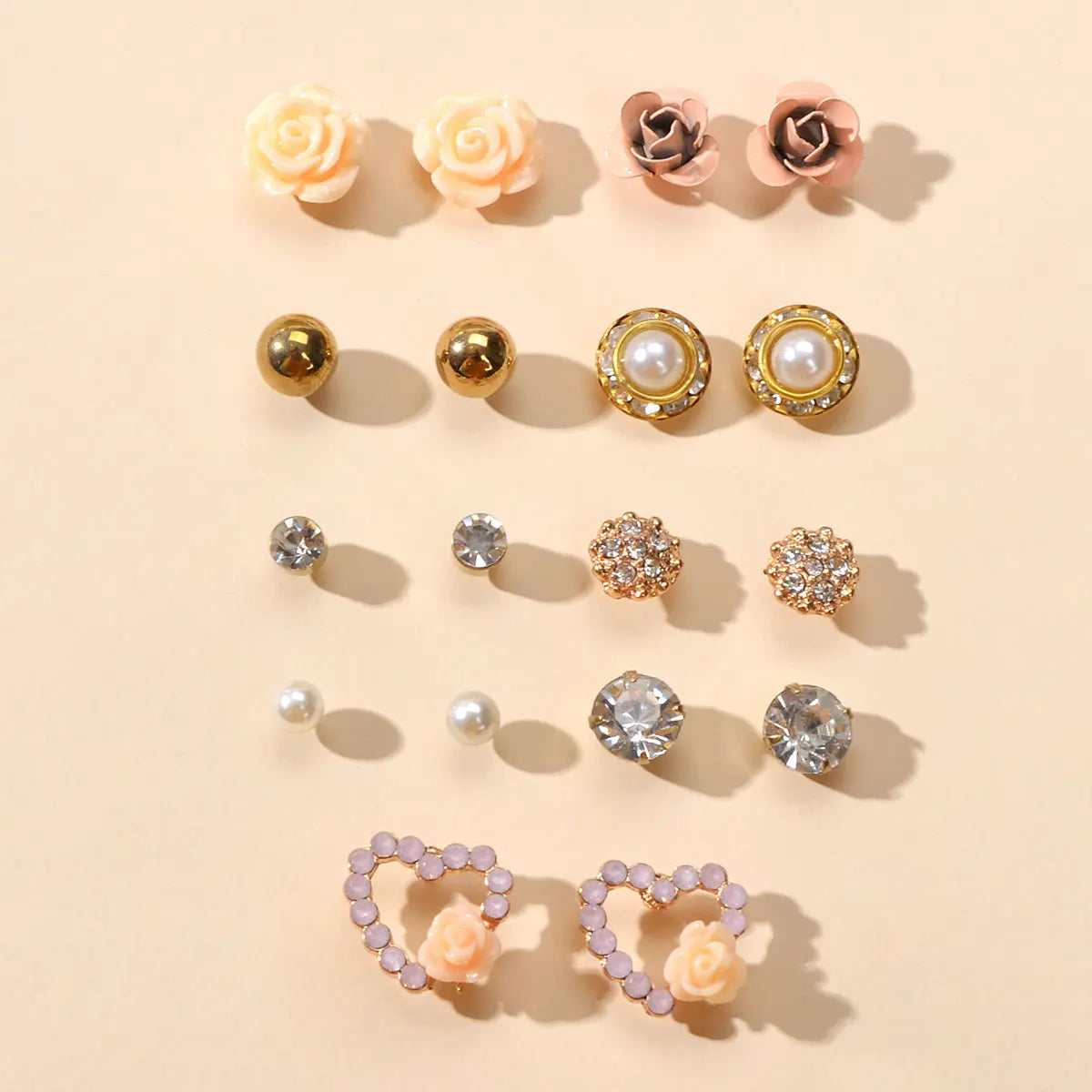 9 pairs Elegant Pearl Rhinestone Round Flower Mini Stud Piercing Earrings set Feelontop Jewellery