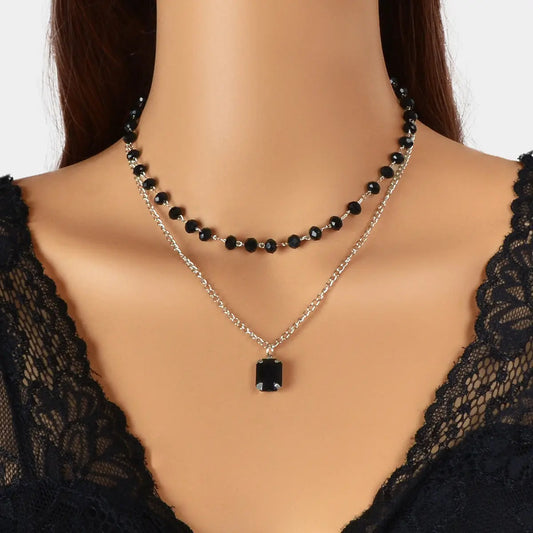 Silver Link Chain Black Beads Layering Personalized Square Charm Necklace Gift Feelontop Jewellery