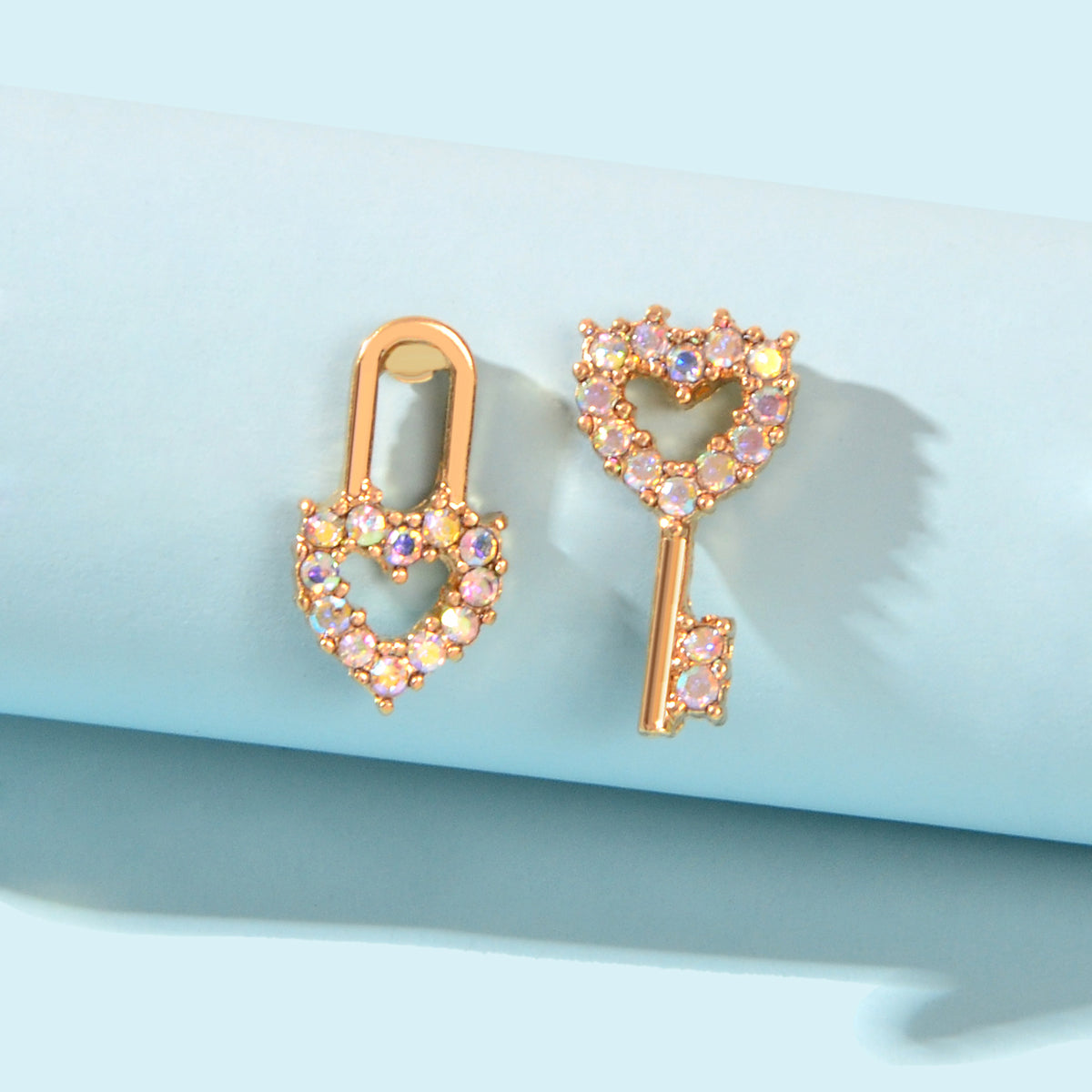 Asymmetrical Design Gold Plated Heart Key Lock Stud Earrings Women Dainty Gifts Feelontop Jewellery