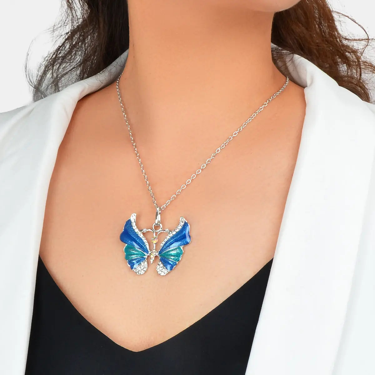 Boho Chic Silver Chain Rhinestone Blue Green Insect Butterfly Pendant Necklace Feelontop Jewellery