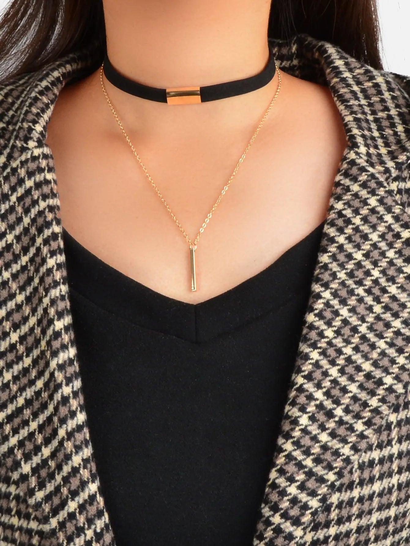 Punk Black Choker Double layer Gold Chain Geometric Charm Necklace Tattoo Choker Feelontop Jewellery