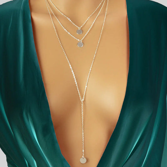 Boho Chic Multi-layer Gold Silver Chain Disc Pendant Long Lariat Y Drop Necklace Feelontop Jewellery