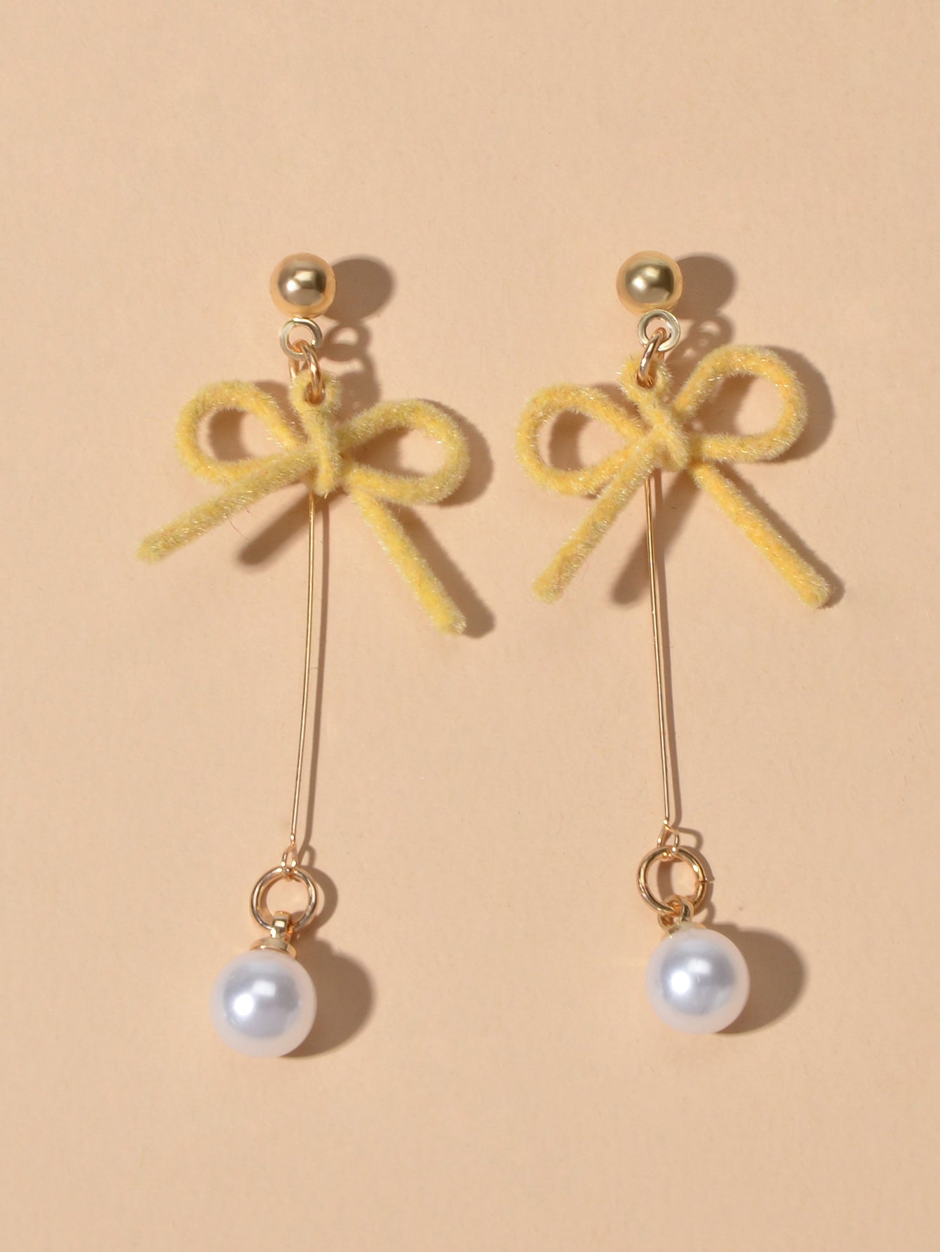 Charming Long Gold Chain Pearl Bowknot Dangle Lightweight Gift Holiday Earrings Feelontop Jewellery