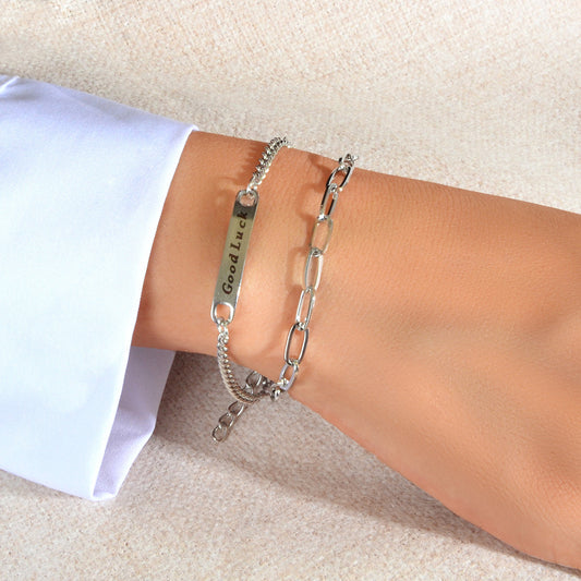 Punk Hip Hop Jewellery Double layer Silver Chain Good Luck Letter Charm Bracelet Feelontop Jewellery