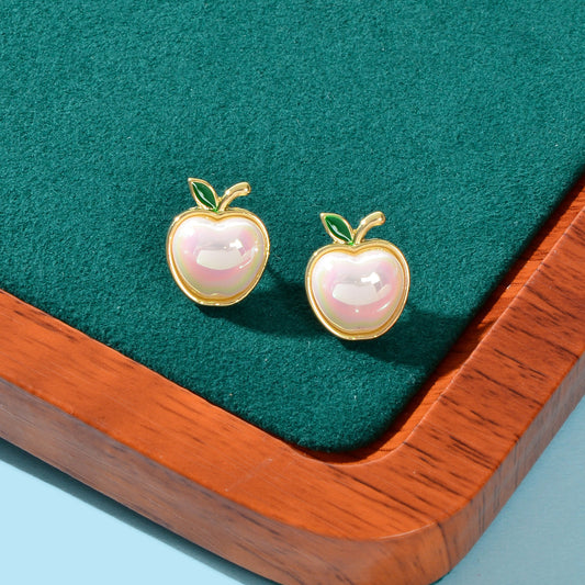 Exquisite Green Leaf White Pearl Apple Stud Earrings Women Anniversary Jewellery Feelontop Jewellery
