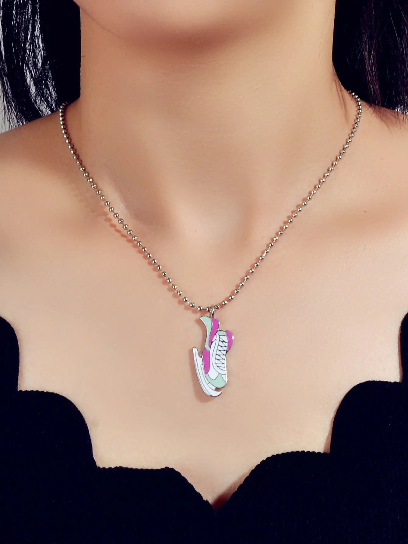 Silver Popcorn chain Colorful Enamel Skates Charm Necklace Feelontop Jewellery
