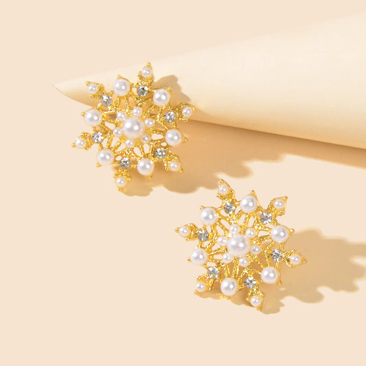 Pearl Rhinestone Gold Snowflake Stud Earrings Women Christmas Party Decoration Feelontop Jewellery