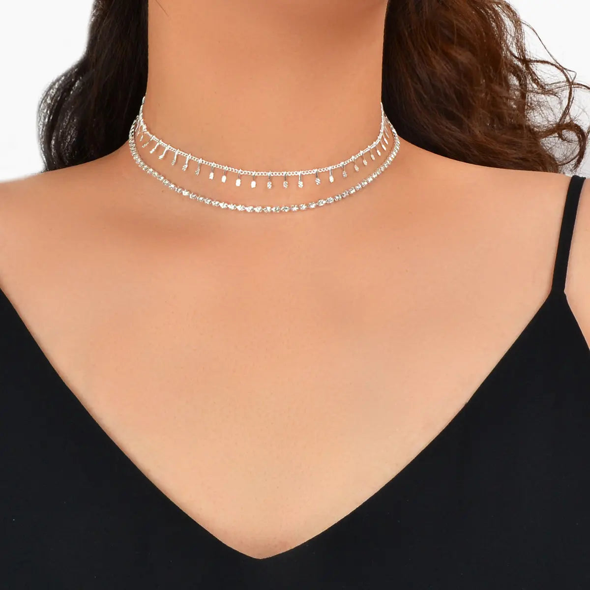 Gold Layered Initial Necklaces Women Rhinestone Decoration Double Chain Choker Feelontop Jewellery