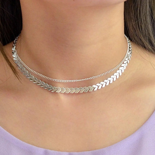 Female Gift Double layer Gold Silver Chain Short Clavicle Punk Collar Necklace Feelontop Jewellery