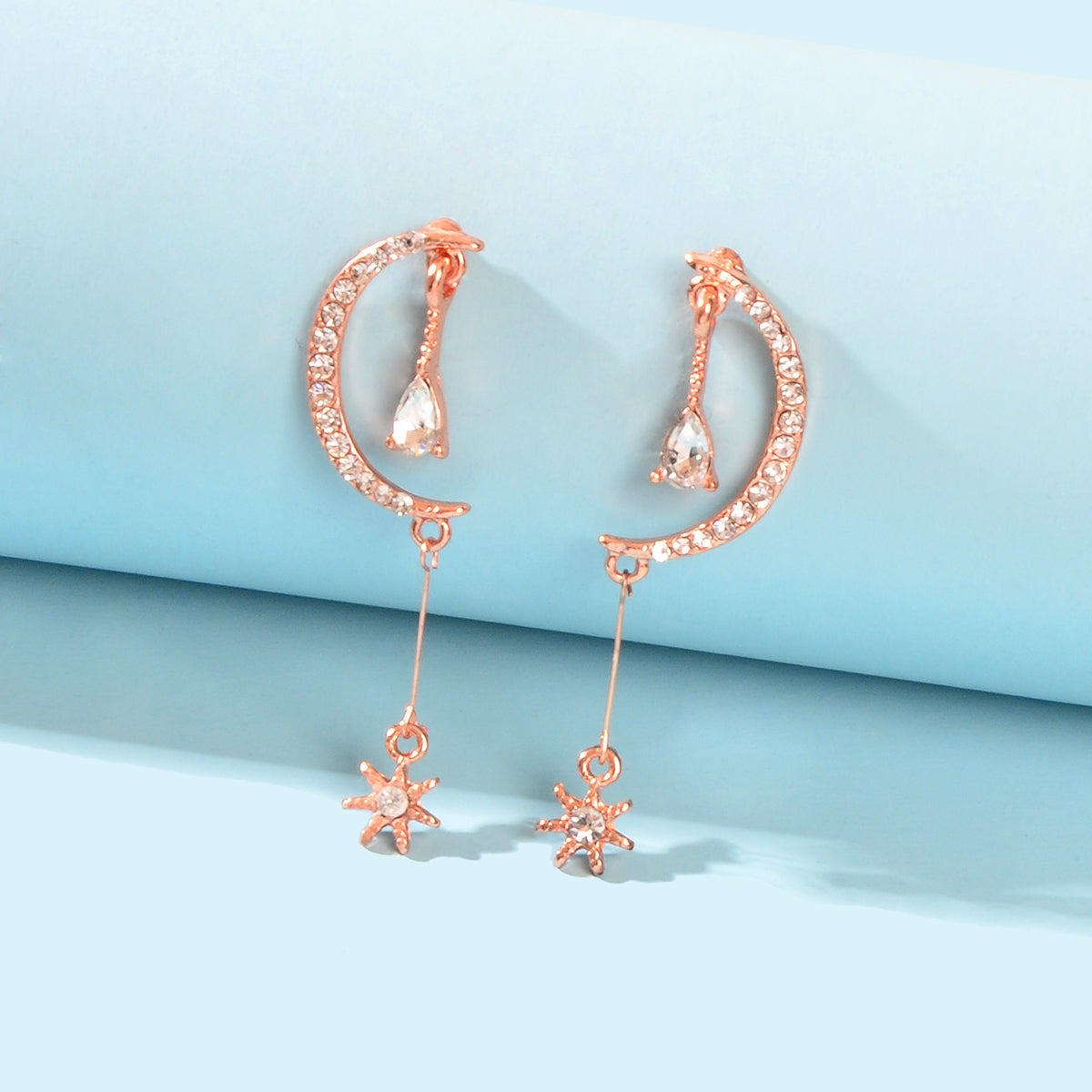 Wedding Rosegold Rhinestone Moon Dangle Drop Chandelier Teardrop Bridal Earrings Feelontop Jewellery