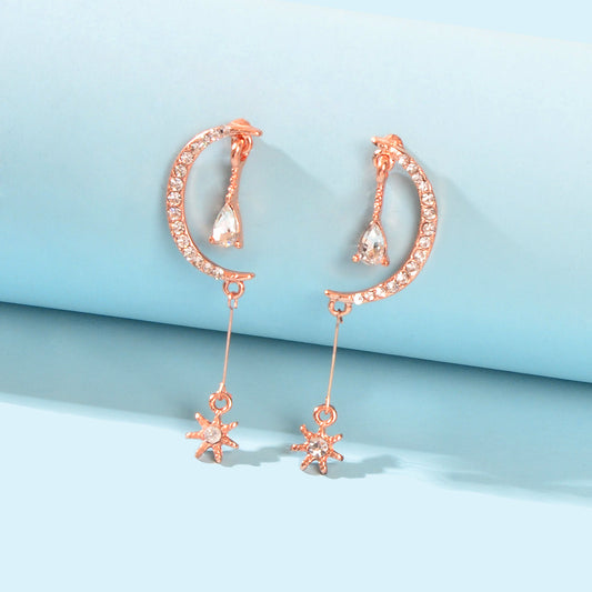Wedding Rosegold Rhinestone Moon Dangle Drop Chandelier Teardrop Bridal Earrings Feelontop Jewellery