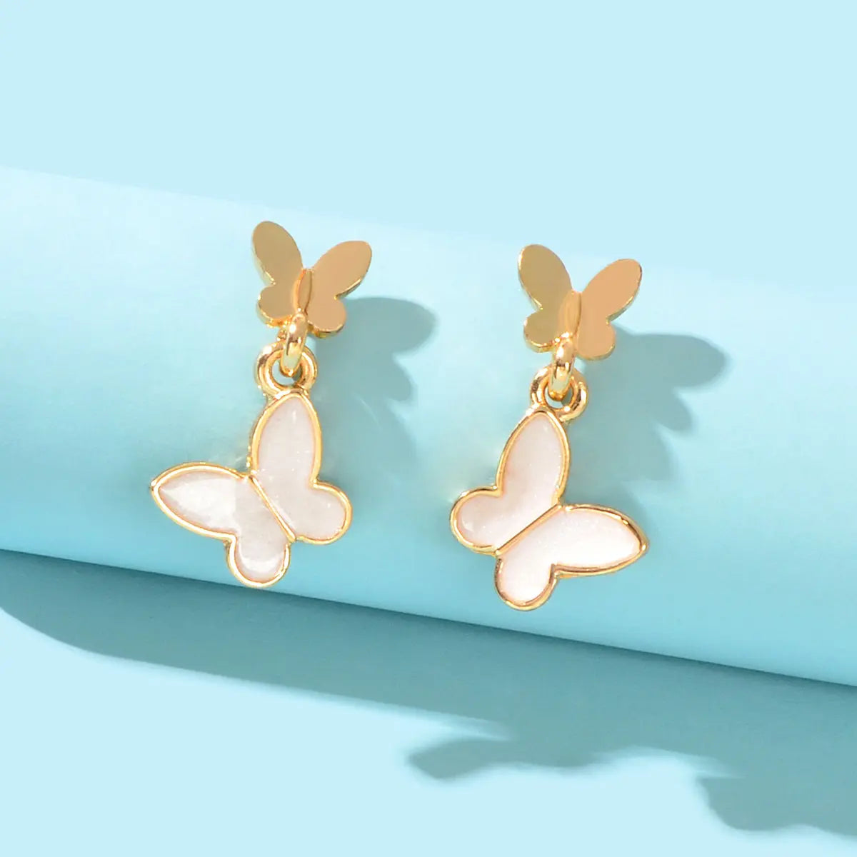 Delicate White Enamel Gold Plated Butterfly Charm Stud Earrings Girl Dainty Gift Feelontop Jewellery