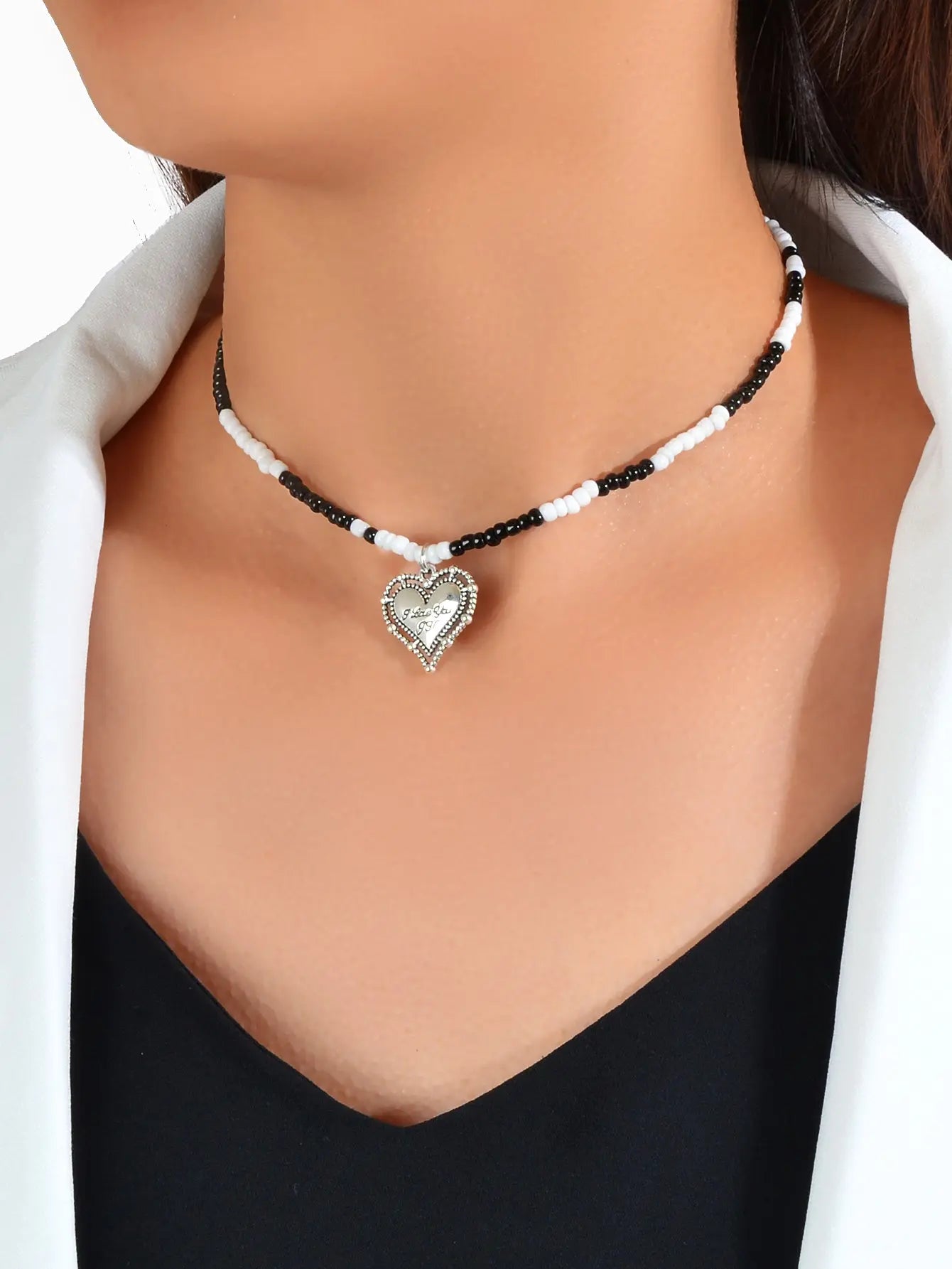 Handmade White Black Beads Chain Silver Letter Pattern Heart Charm Necklace Gift Feelontop Jewellery