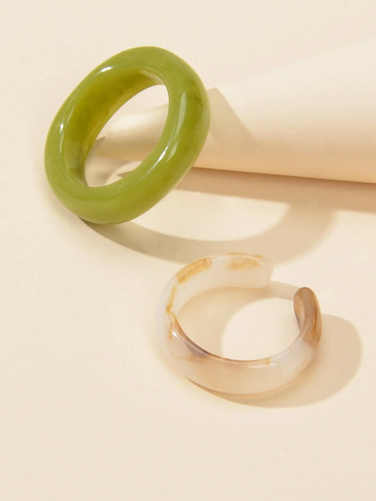 Stackable 2 pcs Beige Green Resin Chunky Multiple Bulk Pack Boho Chic Ring set Feelontop Jewellery