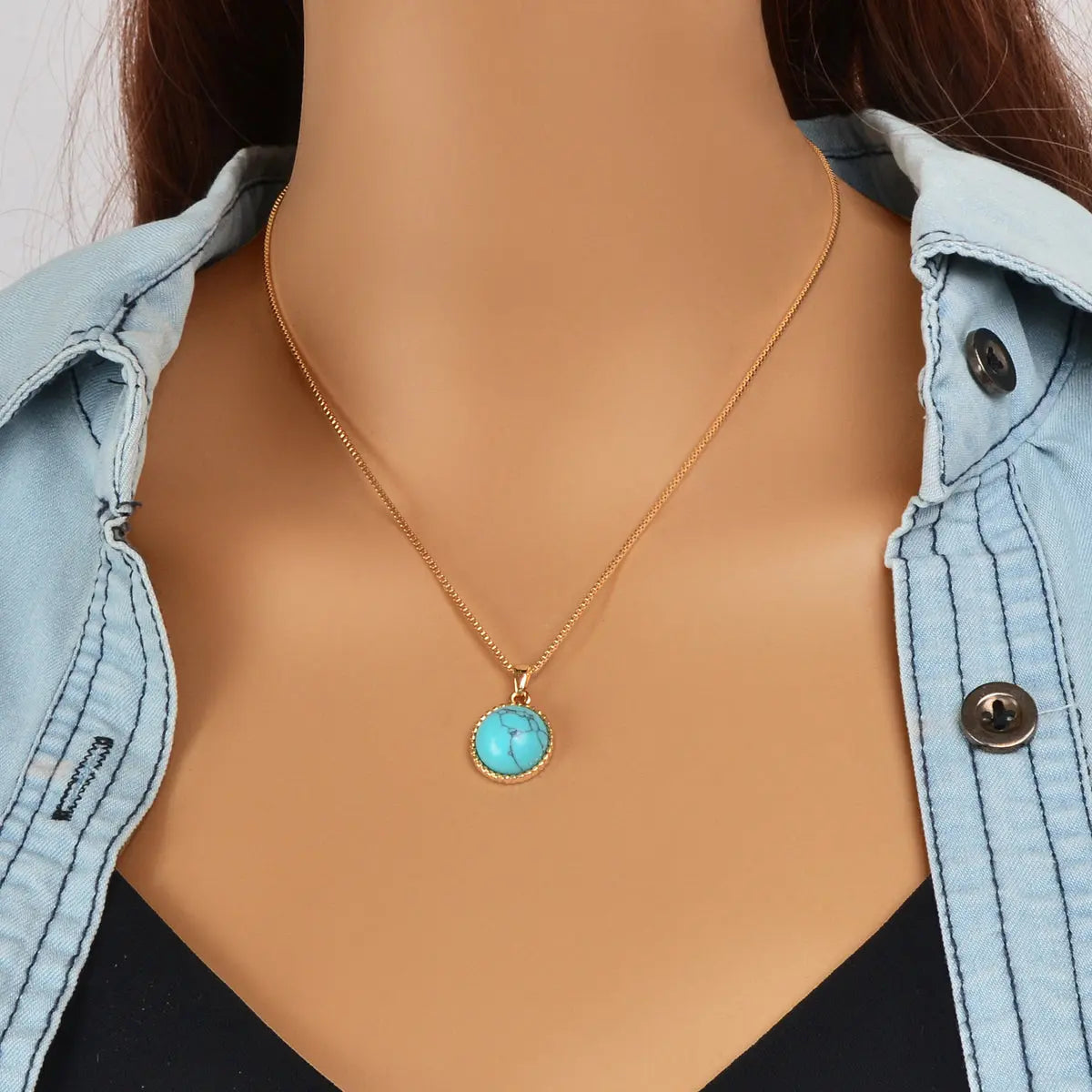 Bohemian Jewelry Gold Chain Round Turquoise Pendant Necklace Ethnic Accessories Feelontop Jewellery