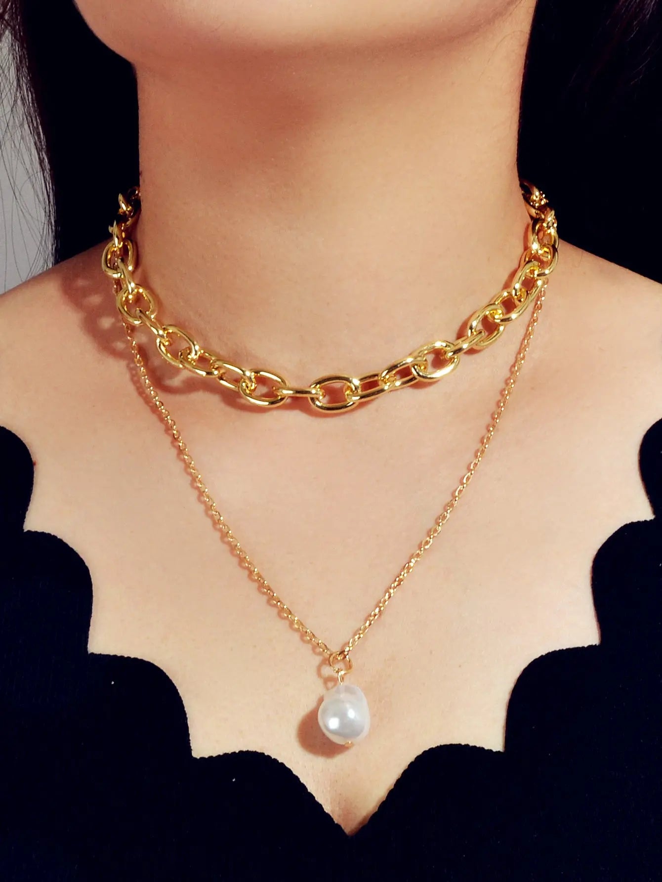 Double Layer Gold Chunky Chains Pearl Charm Women Necklace Good Quality Jewelry Feelontop Jewellery