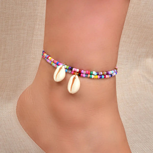 2 pcs Handmade Boho Colourful Beads Shell Charm Ankle Bracelets Foot Anklet Set Feelontop Jewellery