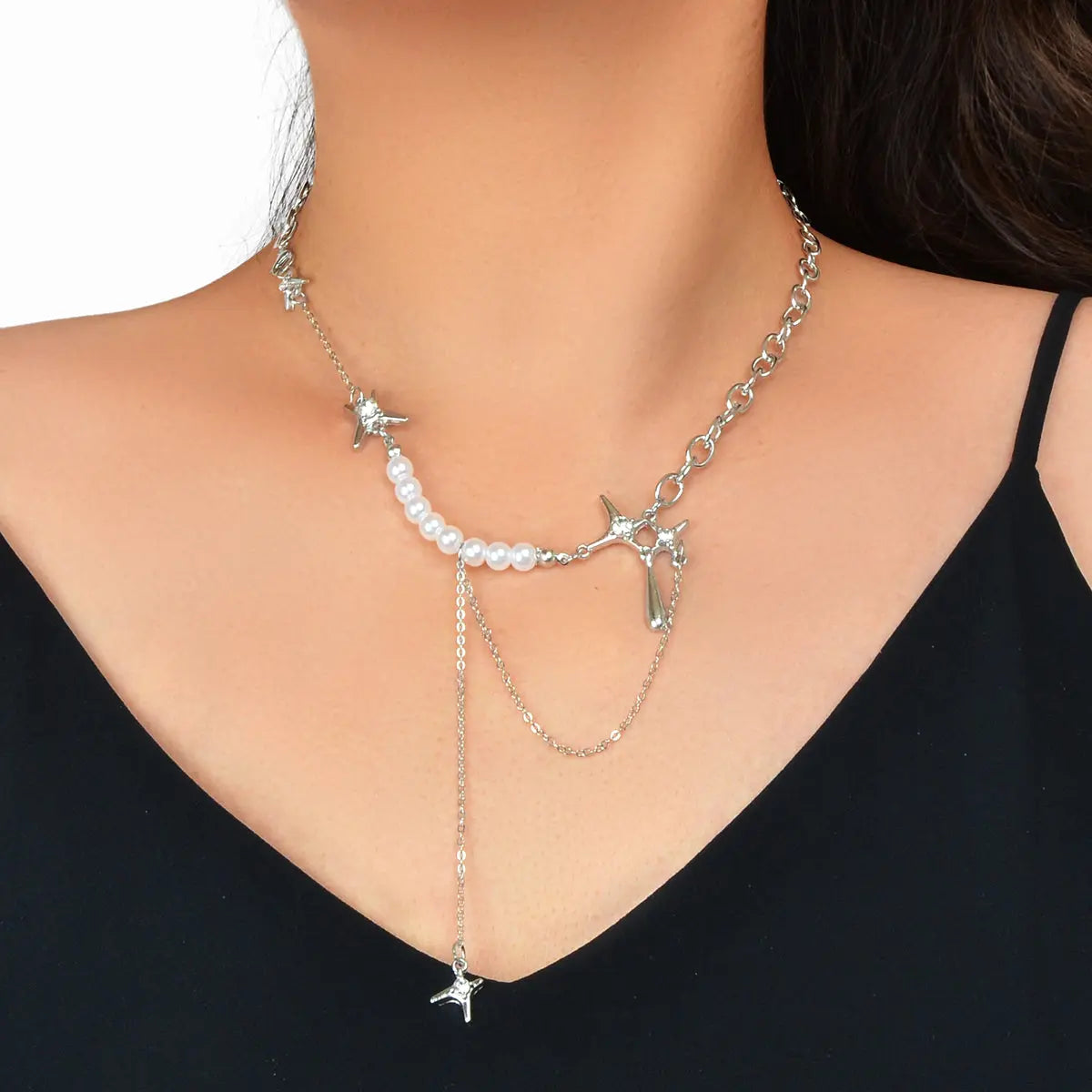Multiple Silver Chain Star Charm Pearl Decoration Clavicle Necklace Costume Gift Feelontop Jewellery