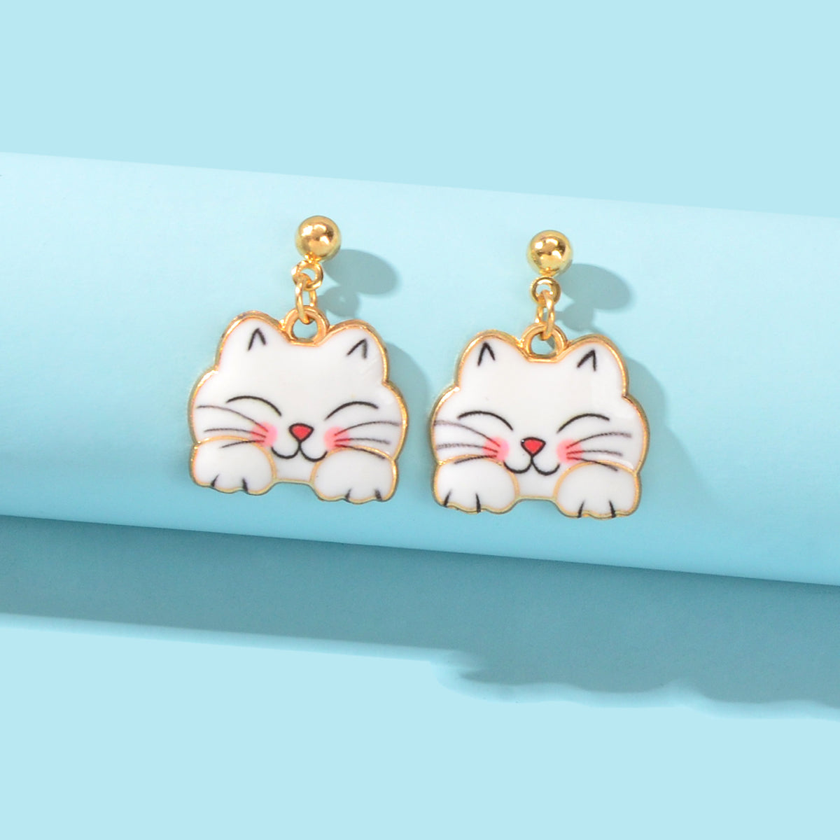 Lovely White Enamel Pet Animal Dangling Charm Earrings Girls Dainty Cat Jewelry Feelontop Jewellery