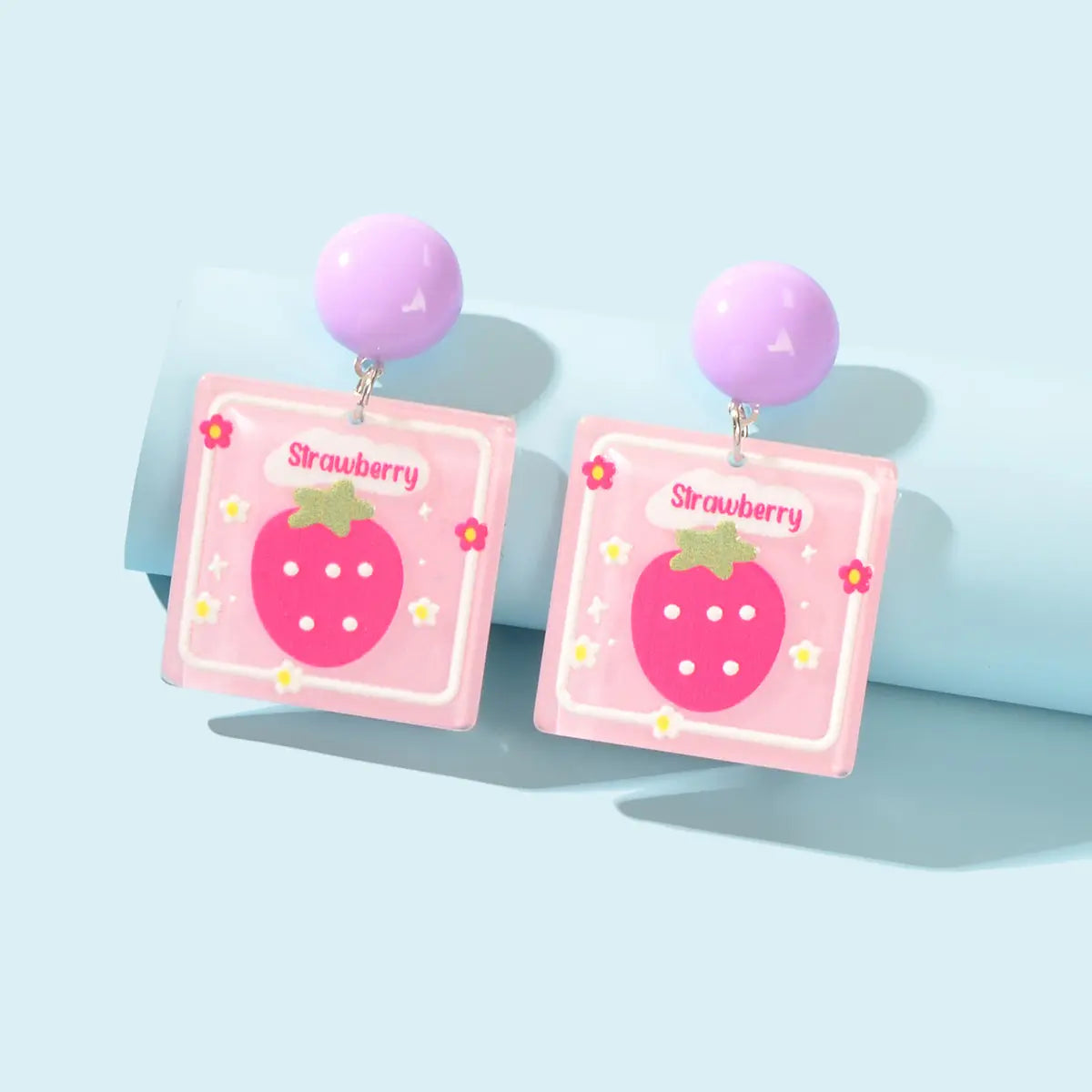 Sweet Acrylic Pink Strawberry Square Dangle Stud Earrings Y2k Style Accessories Feelontop Jewellery