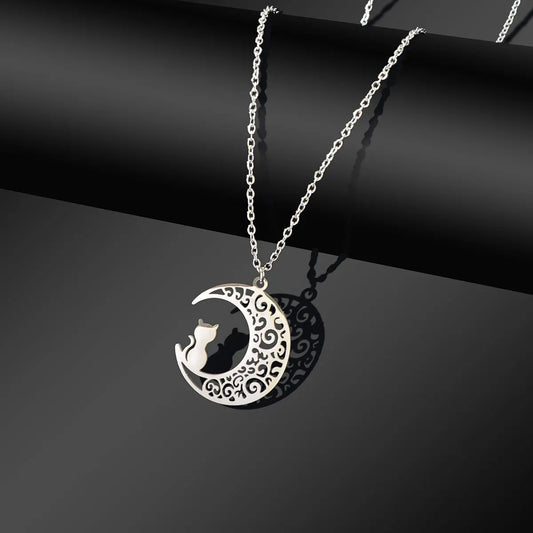 Party Jewelry Gift Silver Chain Stainless Steel Hollow Moon Cat Pendant Necklace Feelontop Jewellery