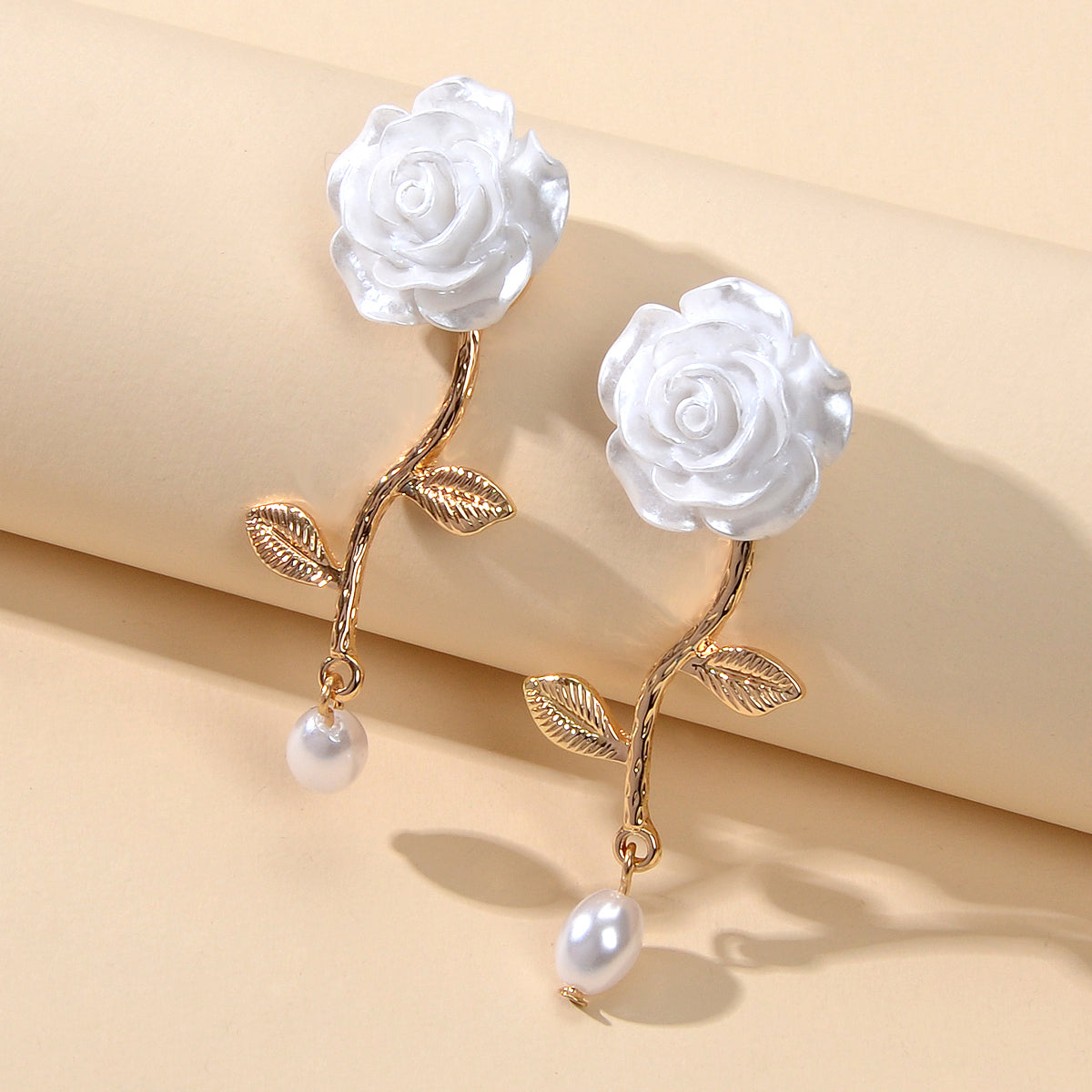 Elegant Resin Flower Leaf Pearl Charm Dangling Classic Stunning Bridal Earrings Feelontop Jewellery