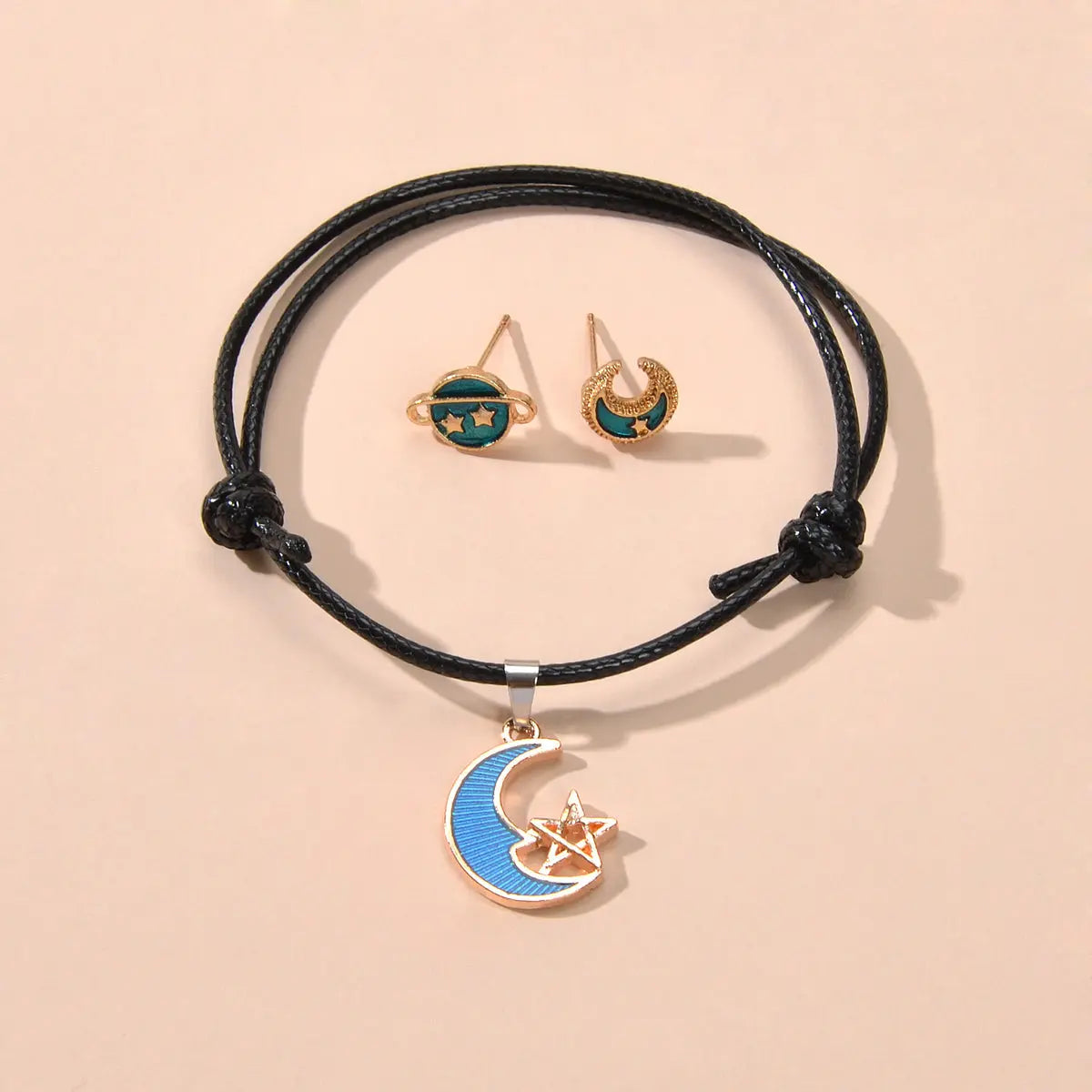 Jewellery set Black Pu Leather Star Moon Charm Adjustable Bracelet Stud Earrings Feelontop Jewellery