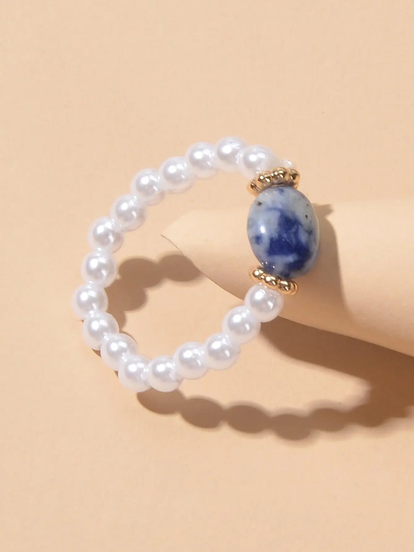 Retro Textured Jewellery Elastic Pearl Natural Stone Finger Ring Band for Women Feelontop Jewellery