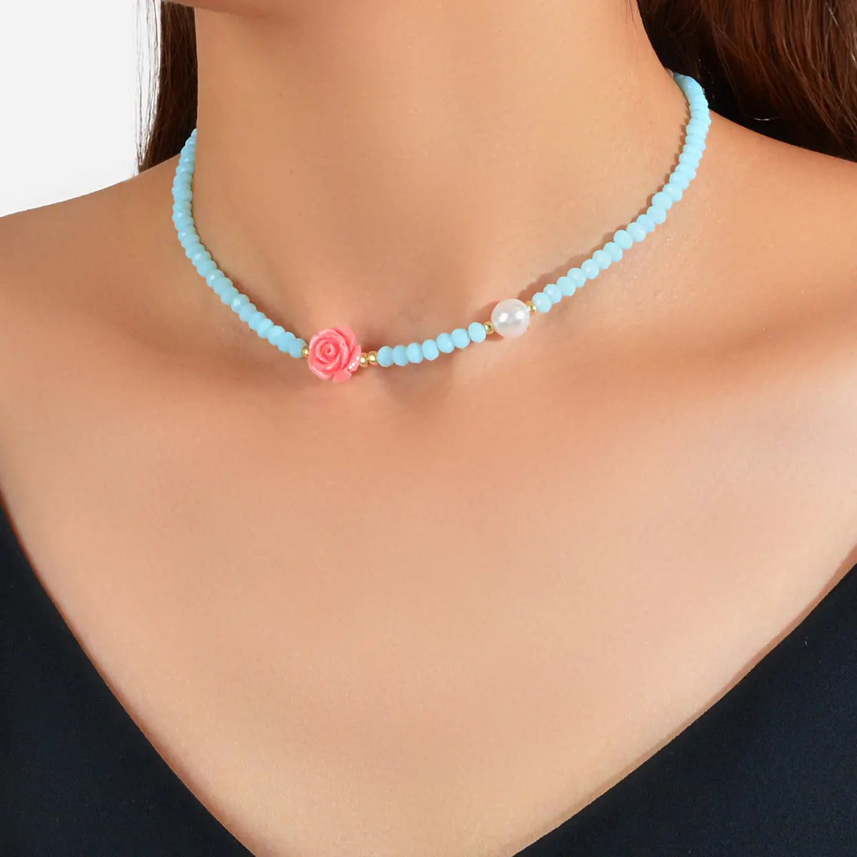 Pearl Red Resin Flower Decoration Blue Beads Short Collar Clavicle Necklace Gift Feelontop Jewellery