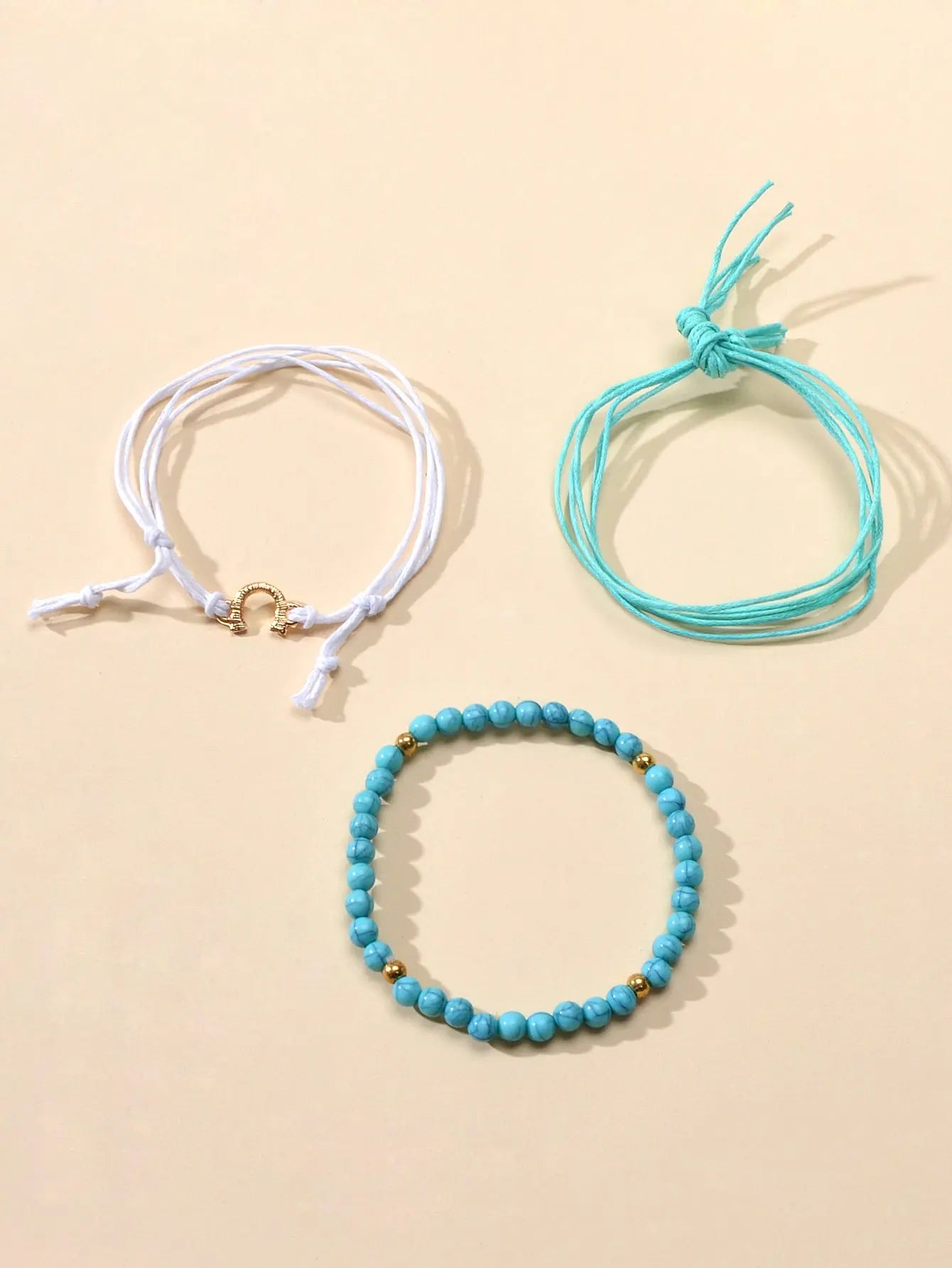 Ethnic Jewellery 3 pcs White Blue Rope Turquoise Elastic Bohemian Bracelets set Feelontop Jewellery