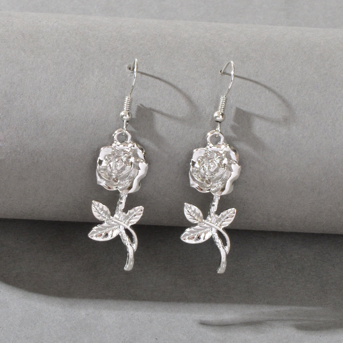 Party Decoration Women Silver Plated Flower Rose Carved Dangle Pendant Earrings Feelontop Jewellery