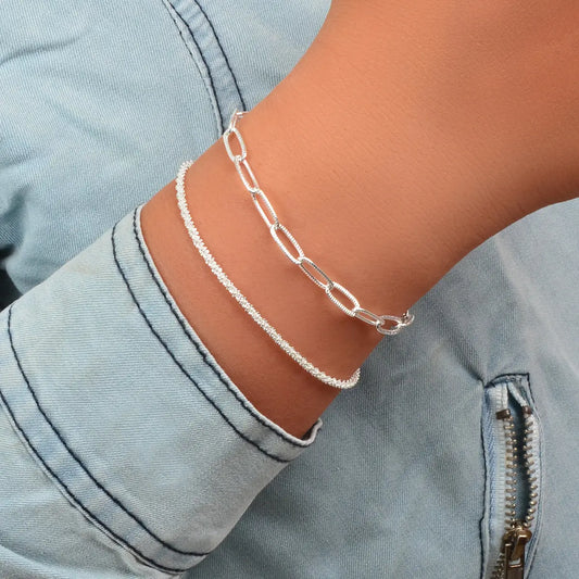2 pcs Layered Initial Silver Link Chain Bracelets Women Girls Hand Accessories Feelontop Jewellery