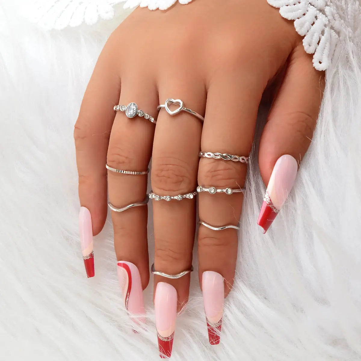 9pcs Bohemian Rhinestone Decor Silver Stackable Midi Multiple Knuckle Rings Set Feelontop Jewellery
