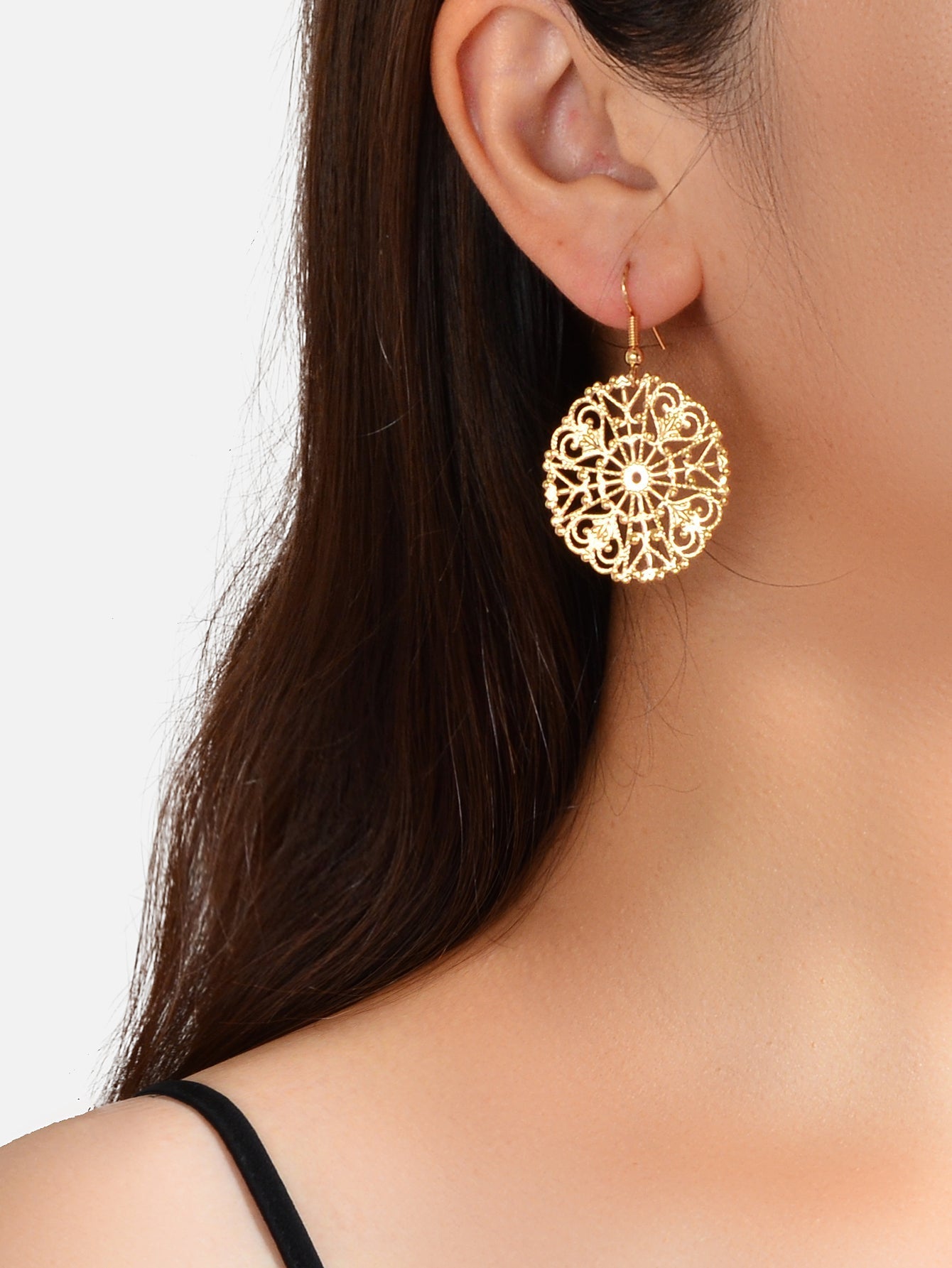 Ladies Jewellery Hollow Gold Silver Flower Pattern Round Trendy Dangle Earrings Feelontop Jewellery