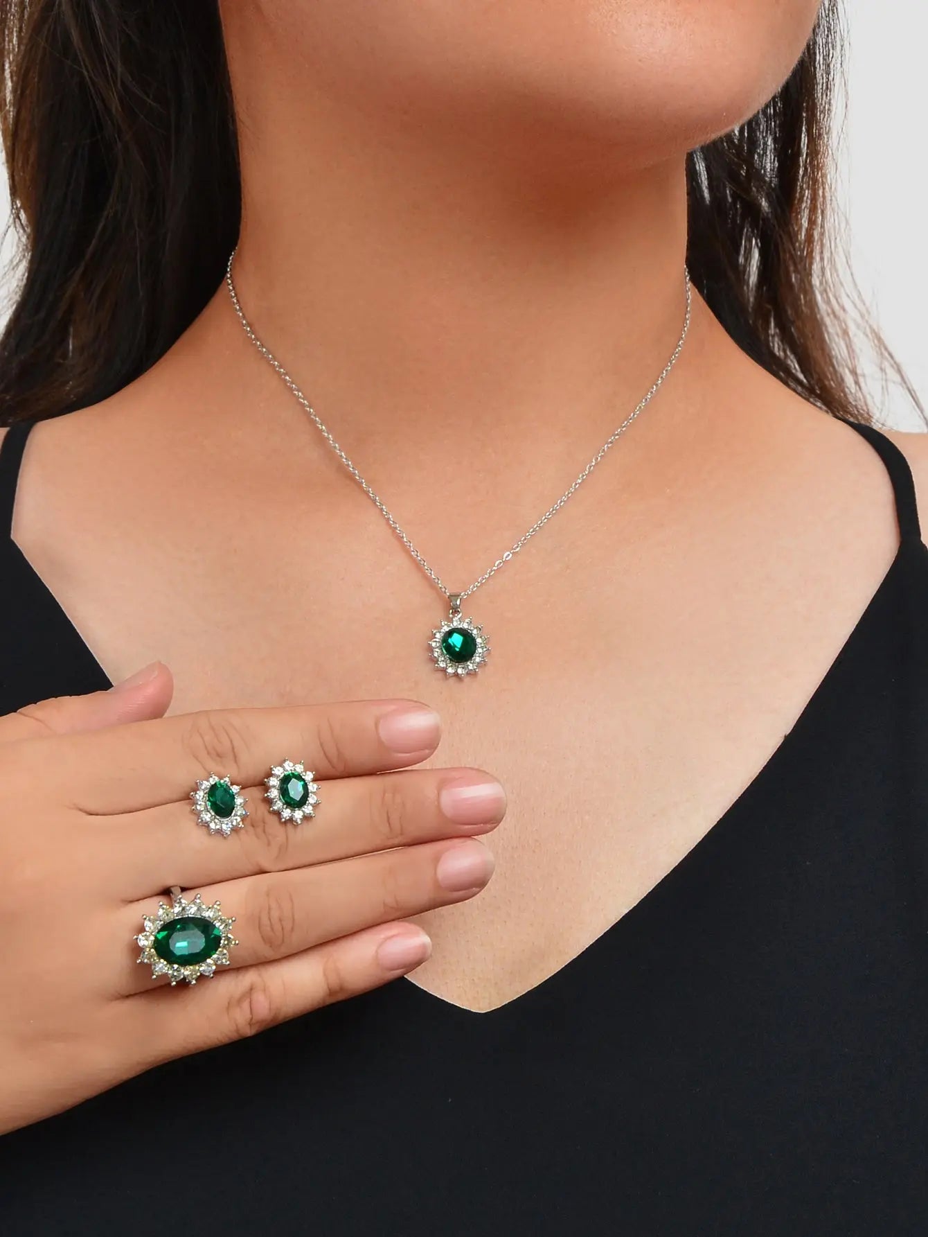 Crystal Flower Necklace Stud Earrings Finger Ring Luxury Wedding Jewellery Set Feelontop Jewellery