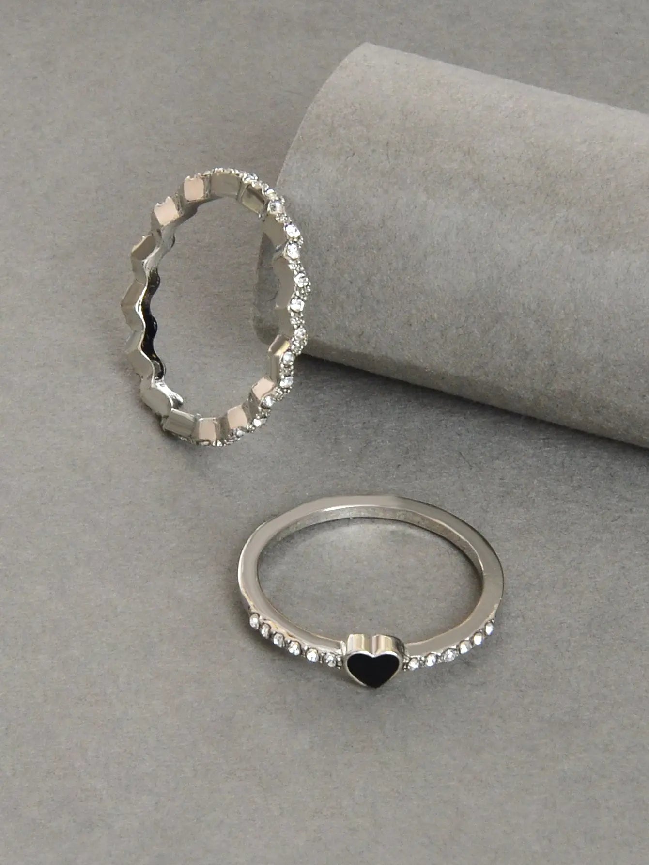 2pcs Black Enamel Heart Silver Love Rings Women Romantic Band Teen Birthday Gift Feelontop Jewellery