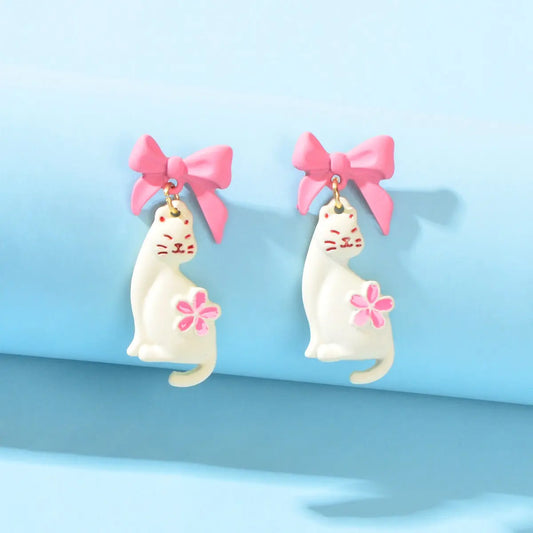 Handmade Cartoon Accessories Flower Bow-knot White Cat Piercing Stud Earrings Feelontop Jewellery