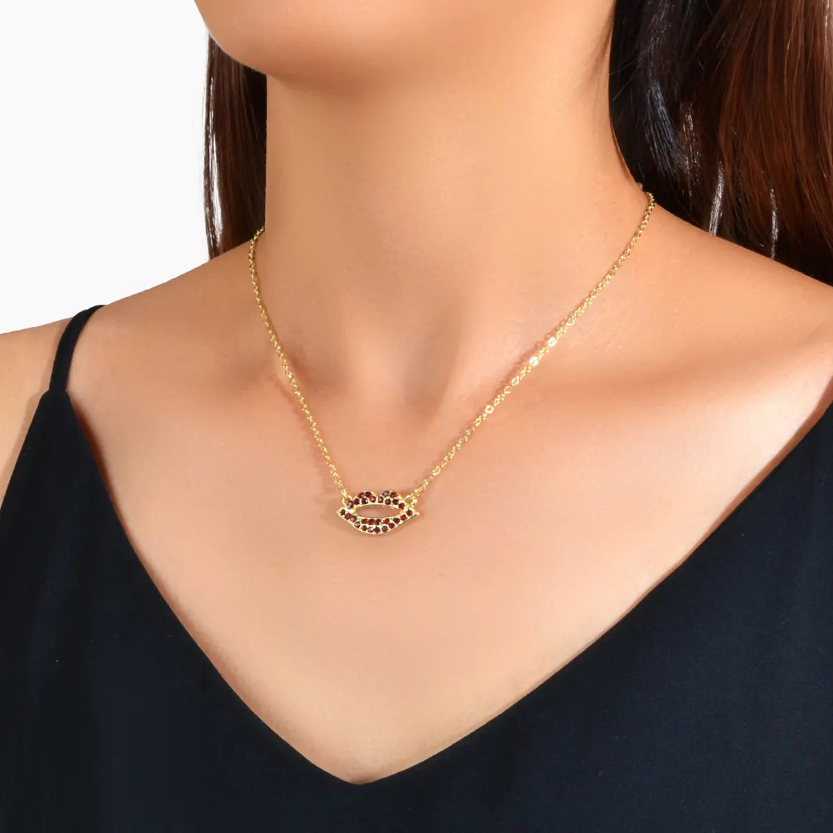 Valentine's Day Lover Gift Jewelry Gold Chain Red Rhinestone Lips Charm Necklace Feelontop Jewellery