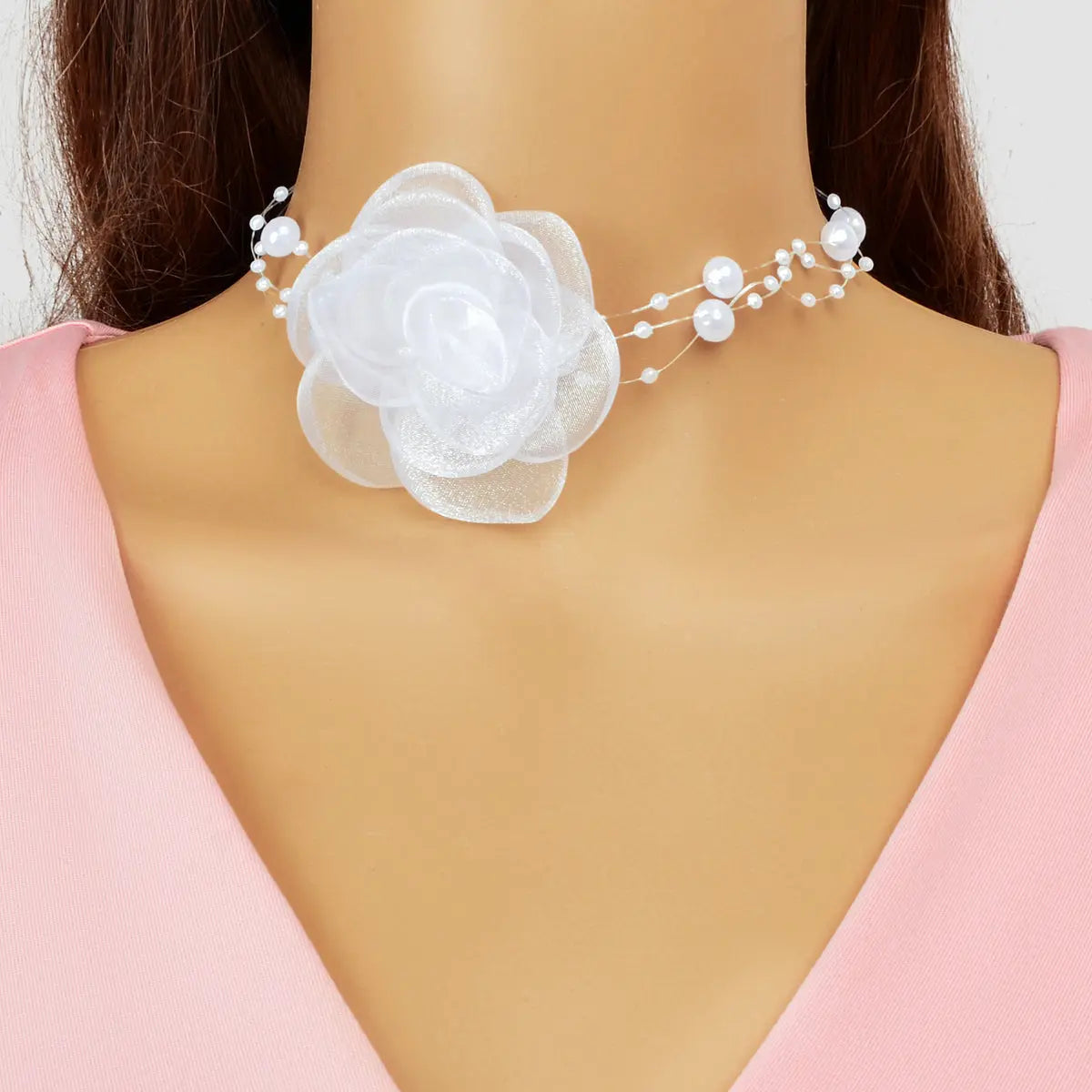 Romantic Jewellery Multi-layer Pearl Chain White Flower Choker Floral Necklace Feelontop Jewellery