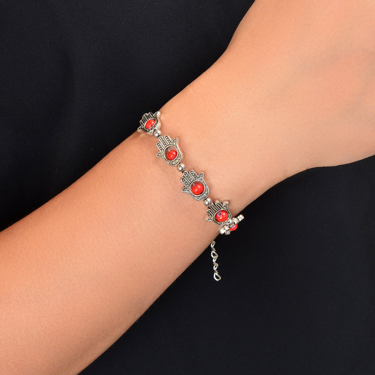 Ethnic Jewellery Vintage Handmade Blue Red Beaded Antique Silver Hand Bracelet Feelontop Jewellery