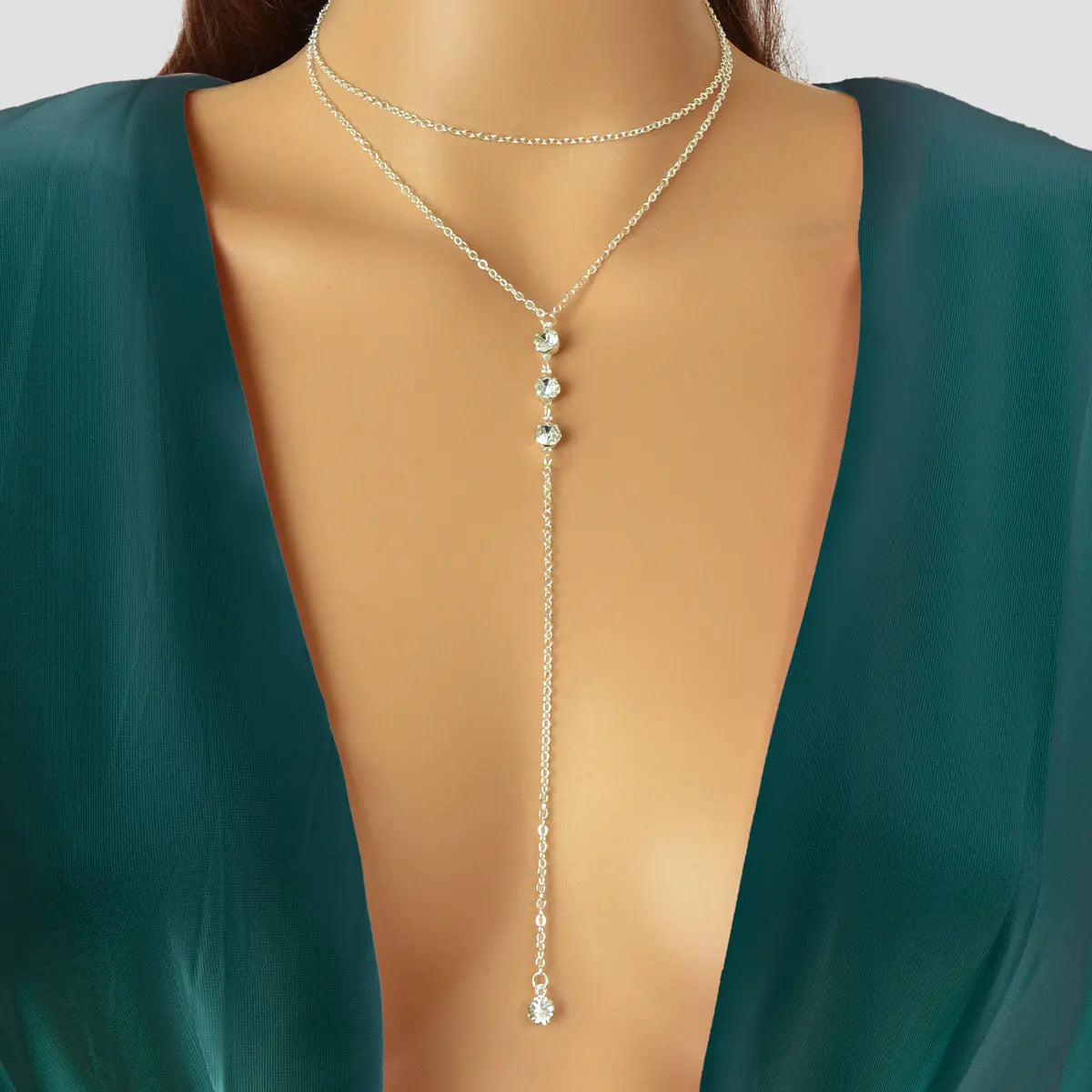 Trendy Double layer Gold Silver Chain Rhinestone Y Style Long Pendant Necklace Feelontop Jewellery